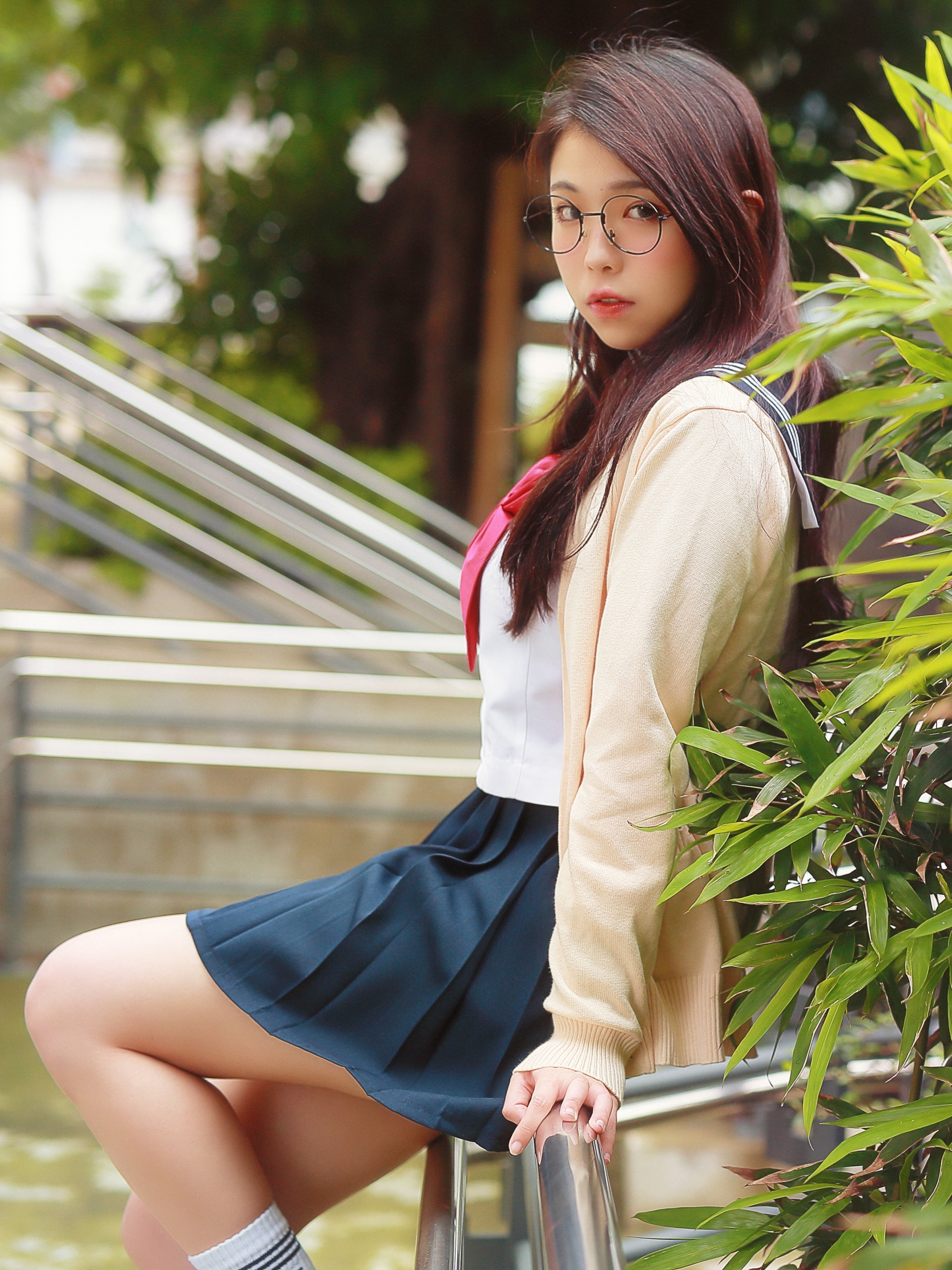 Download mobile wallpaper Brunette, Model, Skirt, Women, Asian, School Uniform for free.