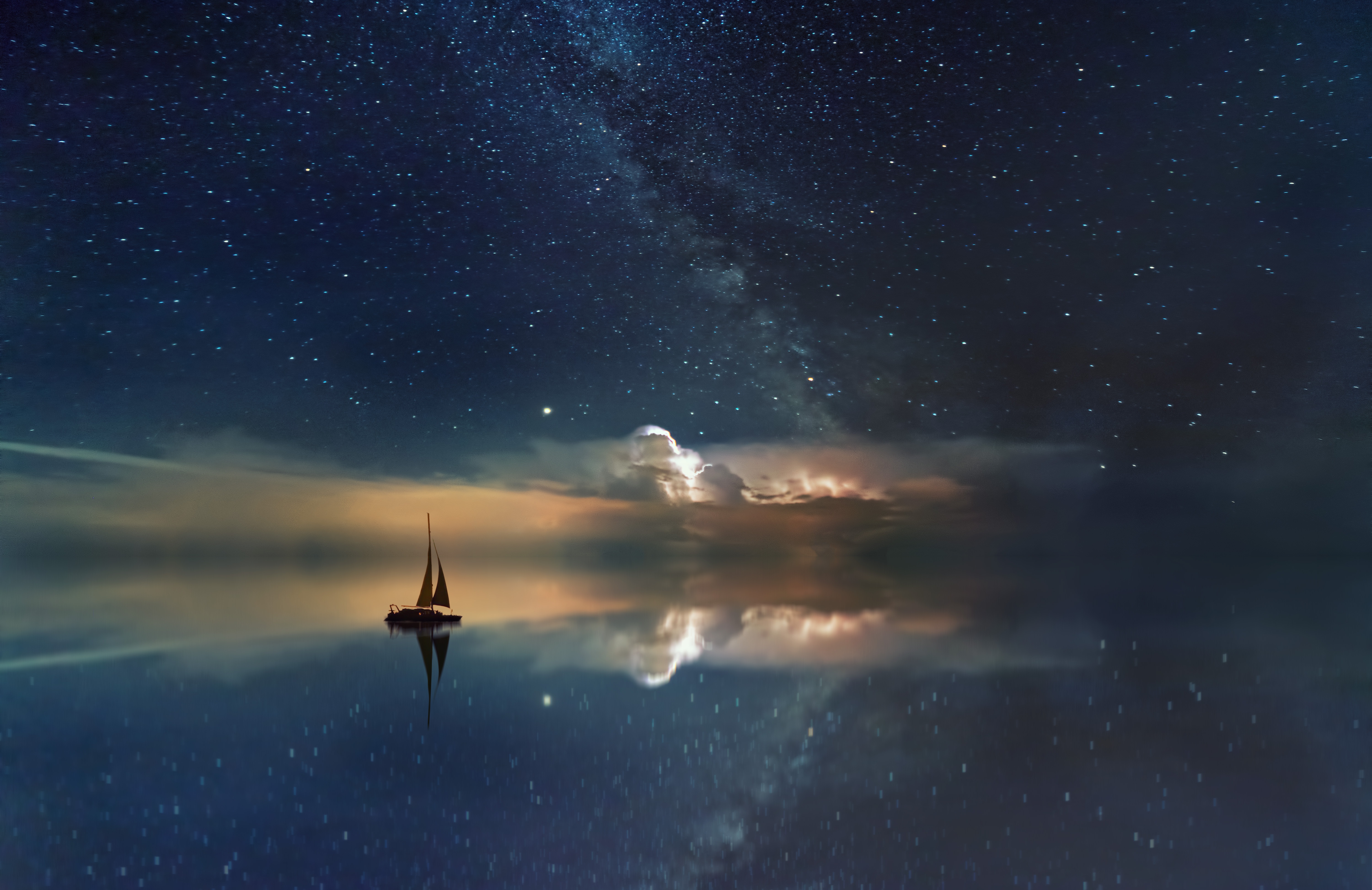 nature, sail, night, reflection, starry sky, boat