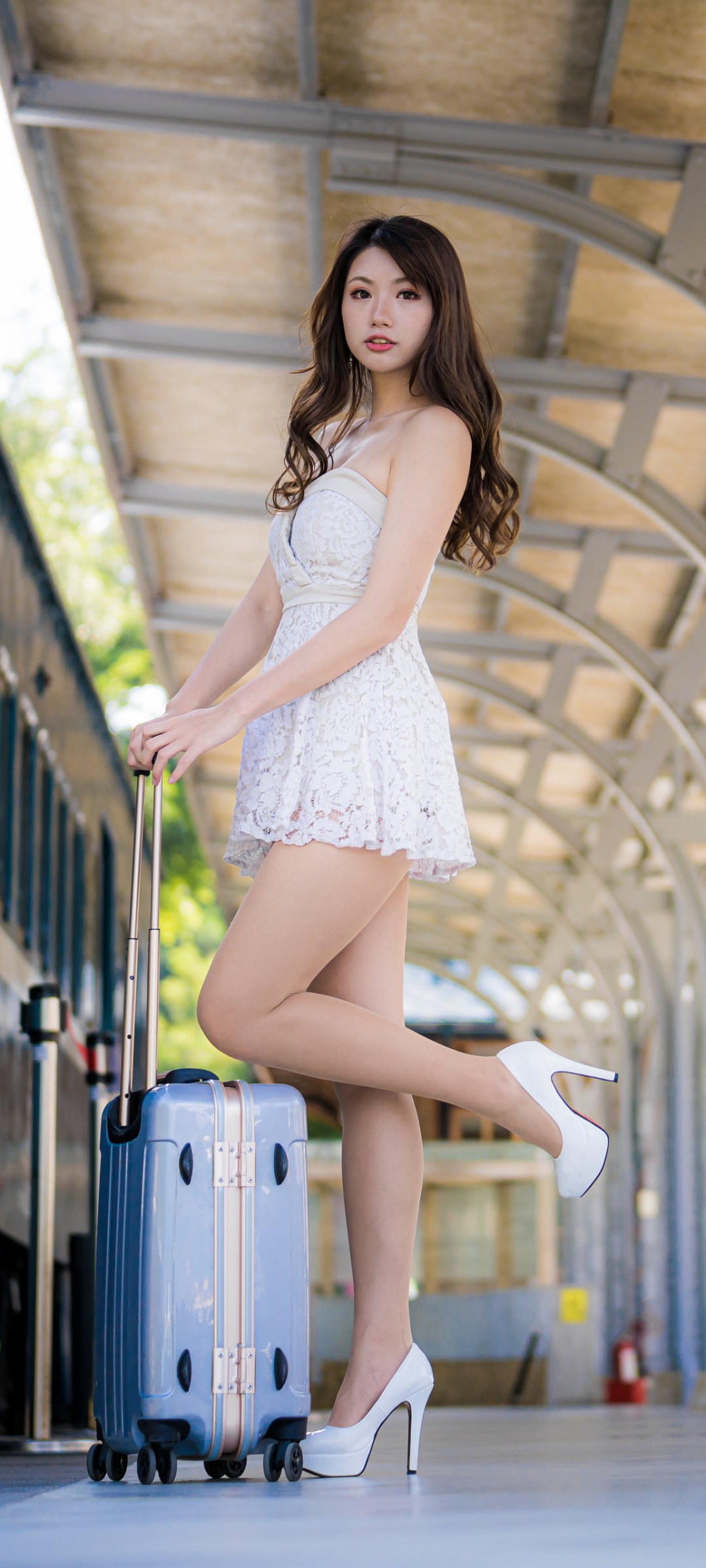 Download mobile wallpaper Brunette, Model, Women, Asian, Depth Of Field, White Dress for free.