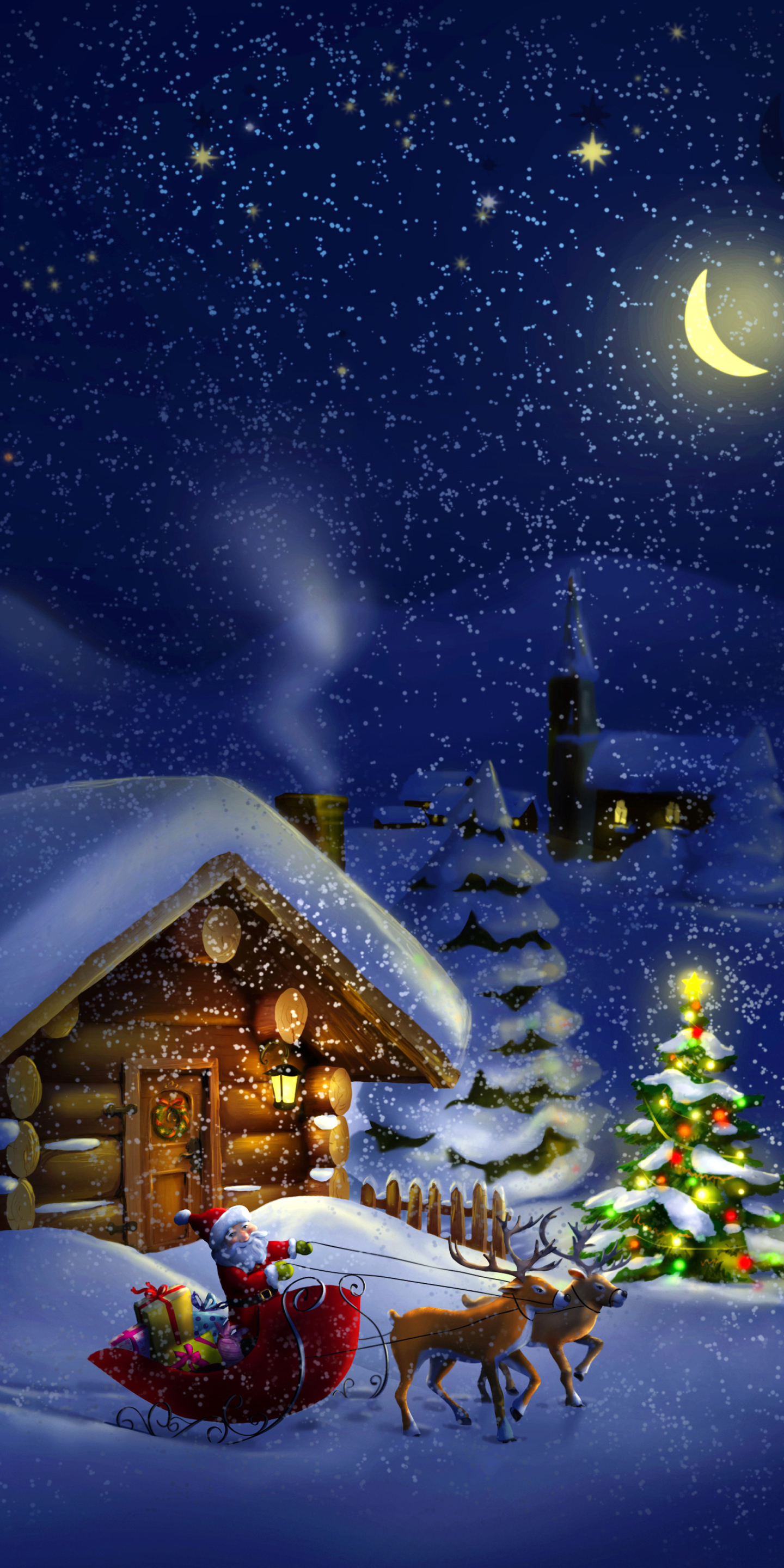 無料モバイル壁紙雪, クリスマス, そり, サンタ, 降雪, 夜, キャビン, ホリデー, トナカイをダウンロードします。
