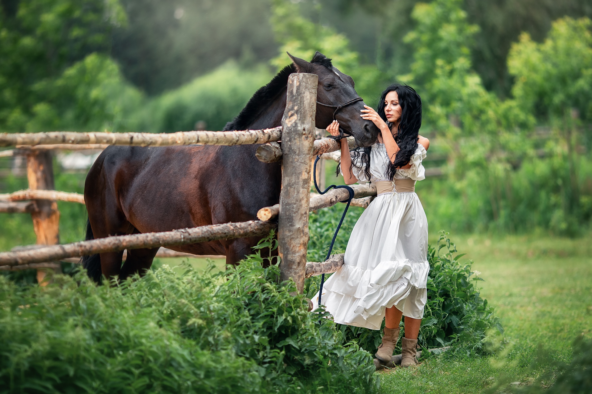 Téléchargez gratuitement l'image Cheval, Cheveux Noirs, Femmes, Top Model, Profondeur De Champ, Robe Blanche sur le bureau de votre PC