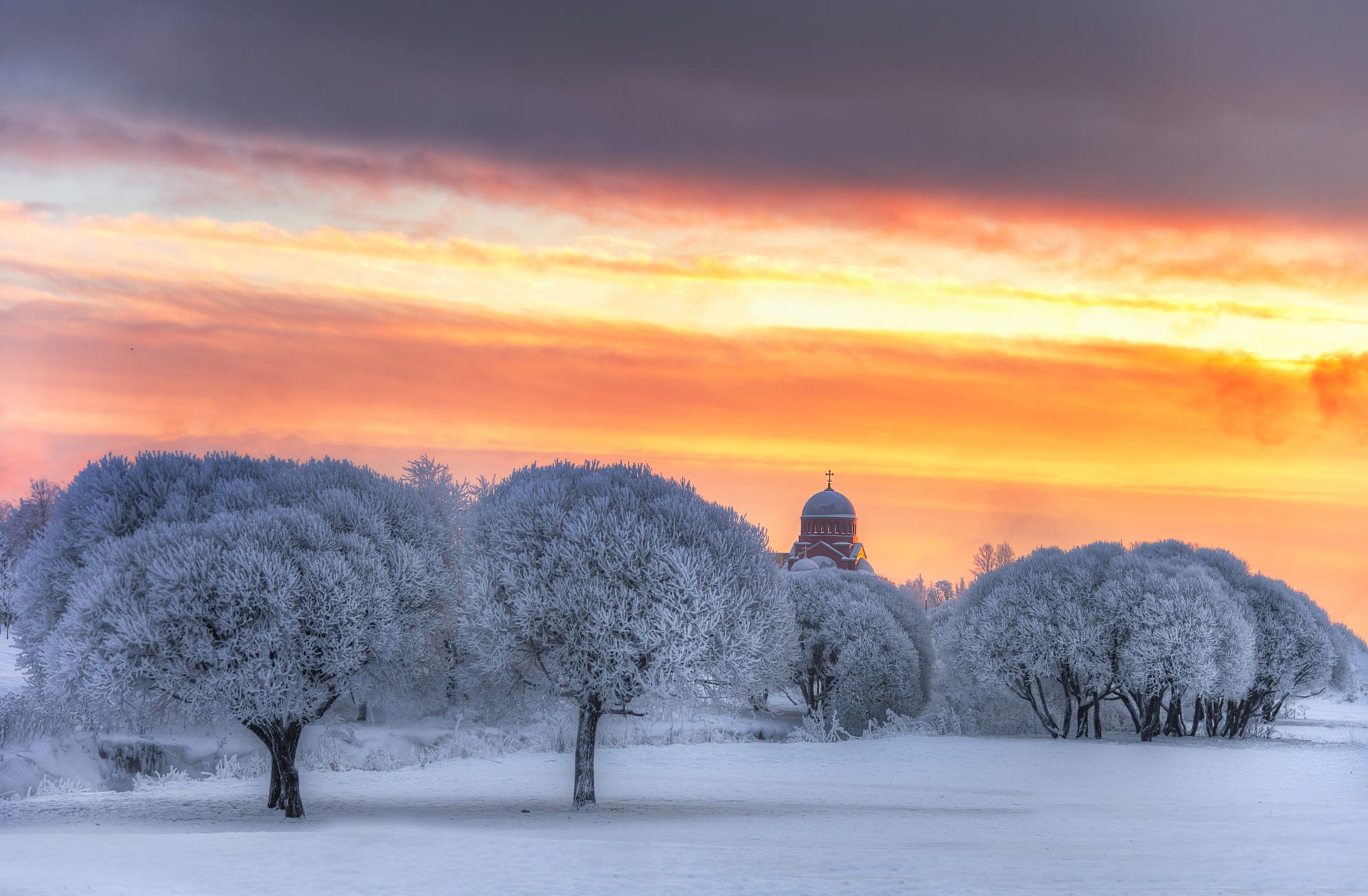 Download mobile wallpaper Winter, Sunset, Snow, Frost, Temple, Church, Churches, Religious for free.