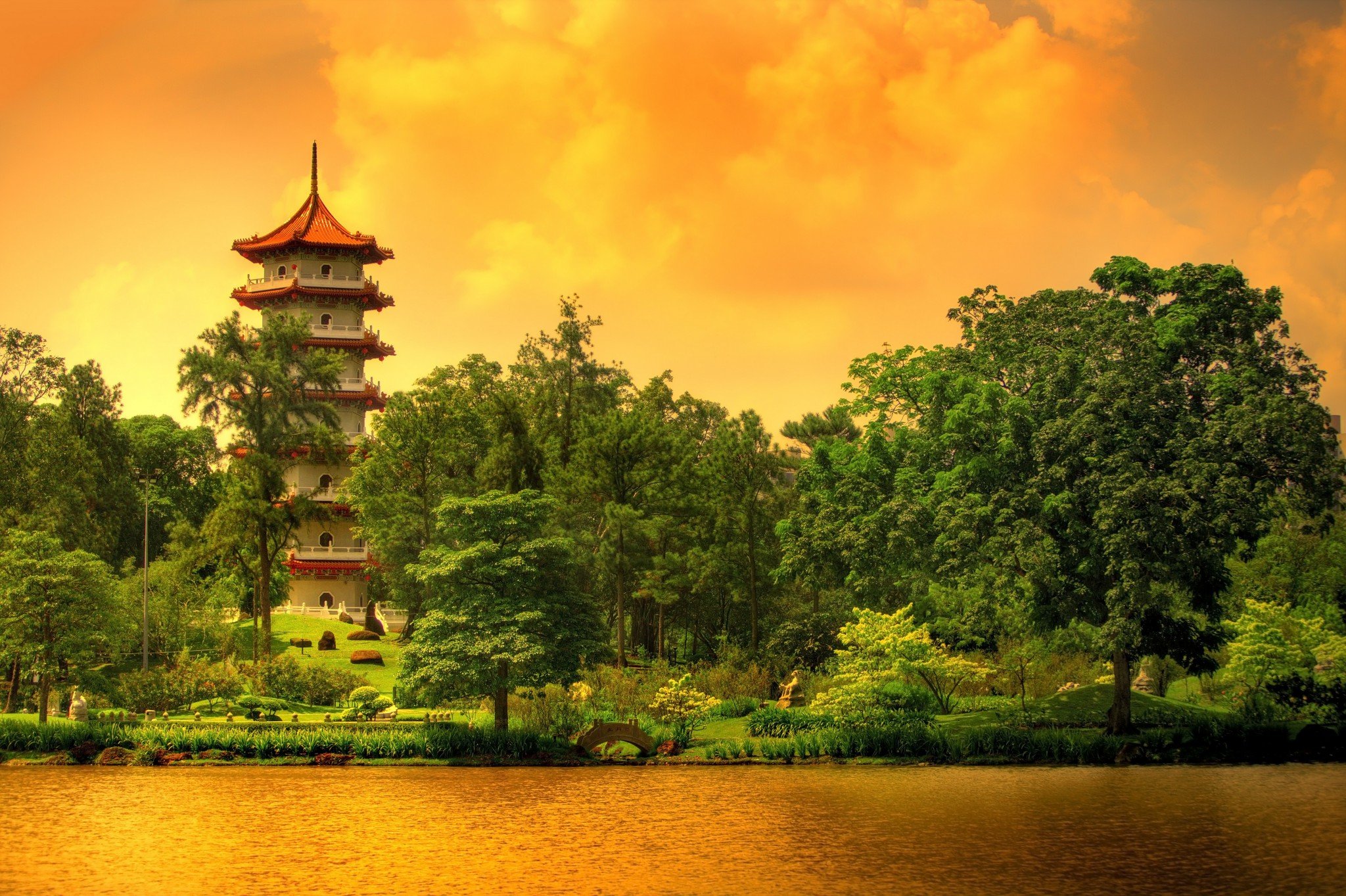 Download mobile wallpaper Sunset, Lake, Reflection, Tree, Pagoda, Golden, Cloud, Religious, Orange (Color) for free.