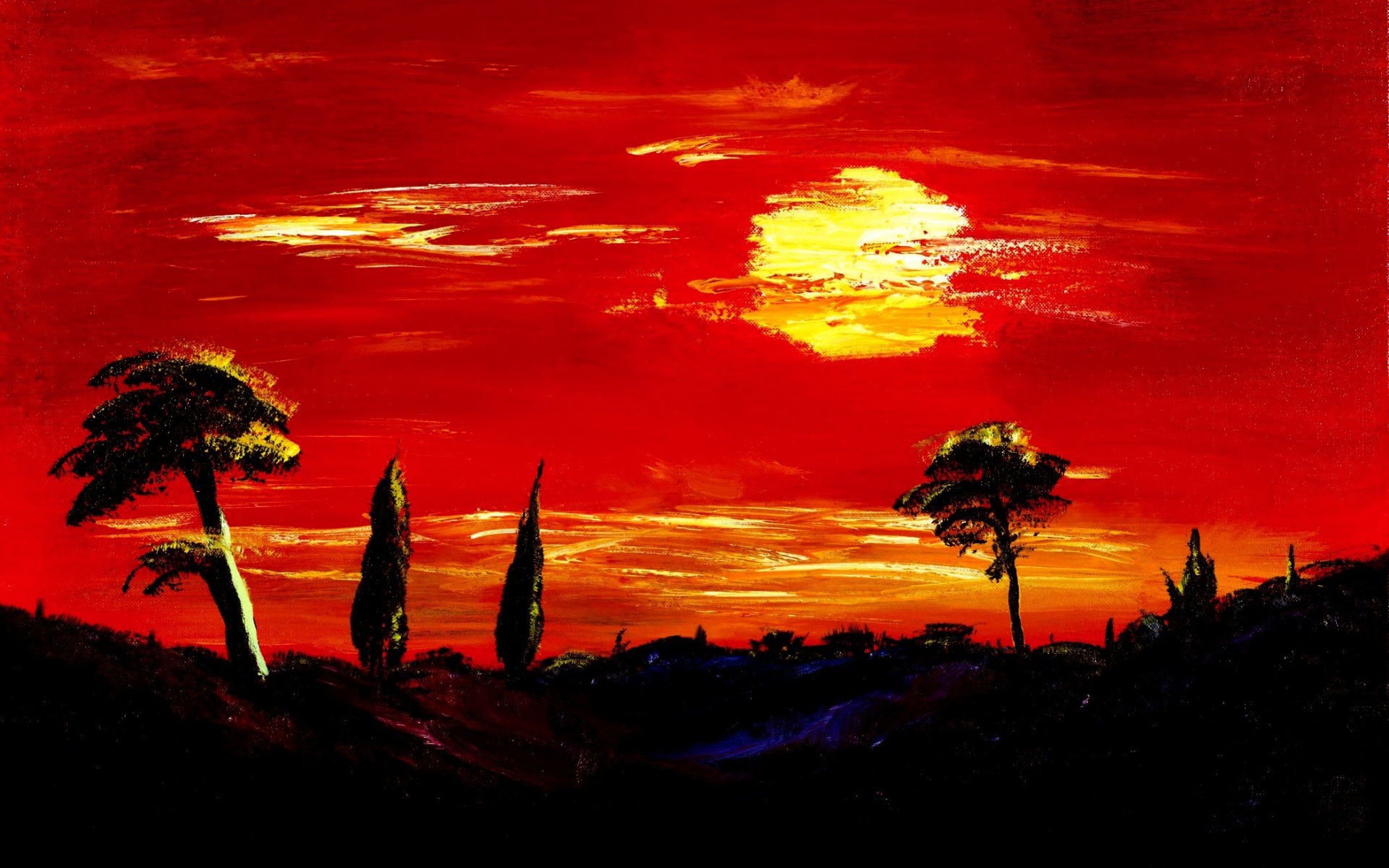 Téléchargez gratuitement l'image Coucher De Soleil, Arbre, Peinture, Artistique, Ciel, Soleil, La Nature sur le bureau de votre PC