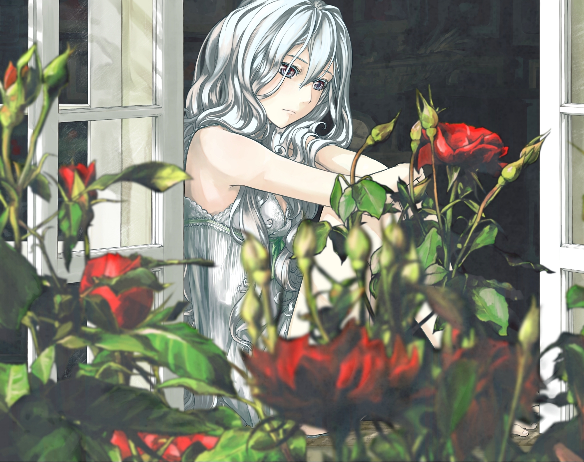 Free download wallpaper Anime, Flower, Sad, Original, White Hair on your PC desktop