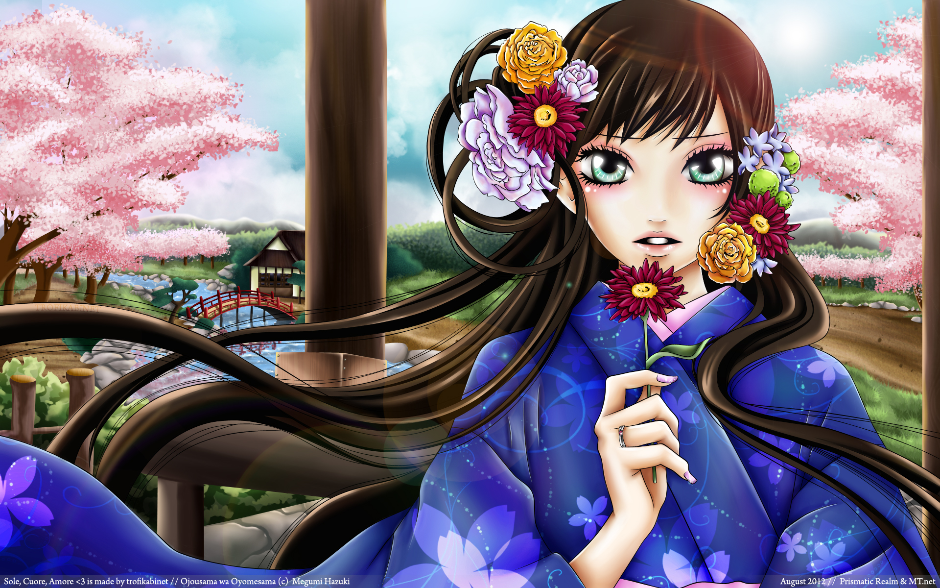 Handy-Wallpaper Blume, Kimono, Blüte, Blaue Augen, Animes, Lange Haare, Braune Haare, Towako Gokurakuin, Ojousama Wa Oyome Sama kostenlos herunterladen.