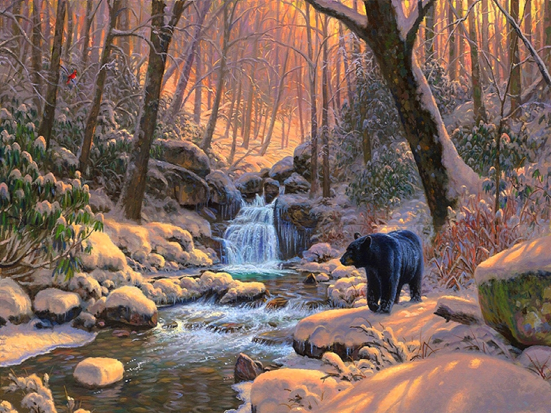 Download mobile wallpaper Winter, Snow, Forest, Bear, Stream, Painting, Artistic for free.