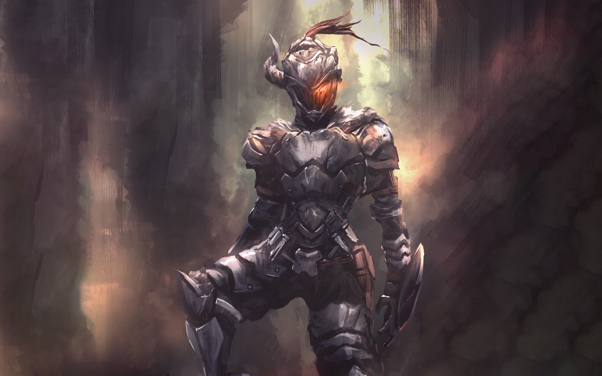goblin slayer, anime, armor, glowing eyes, helmet, shield