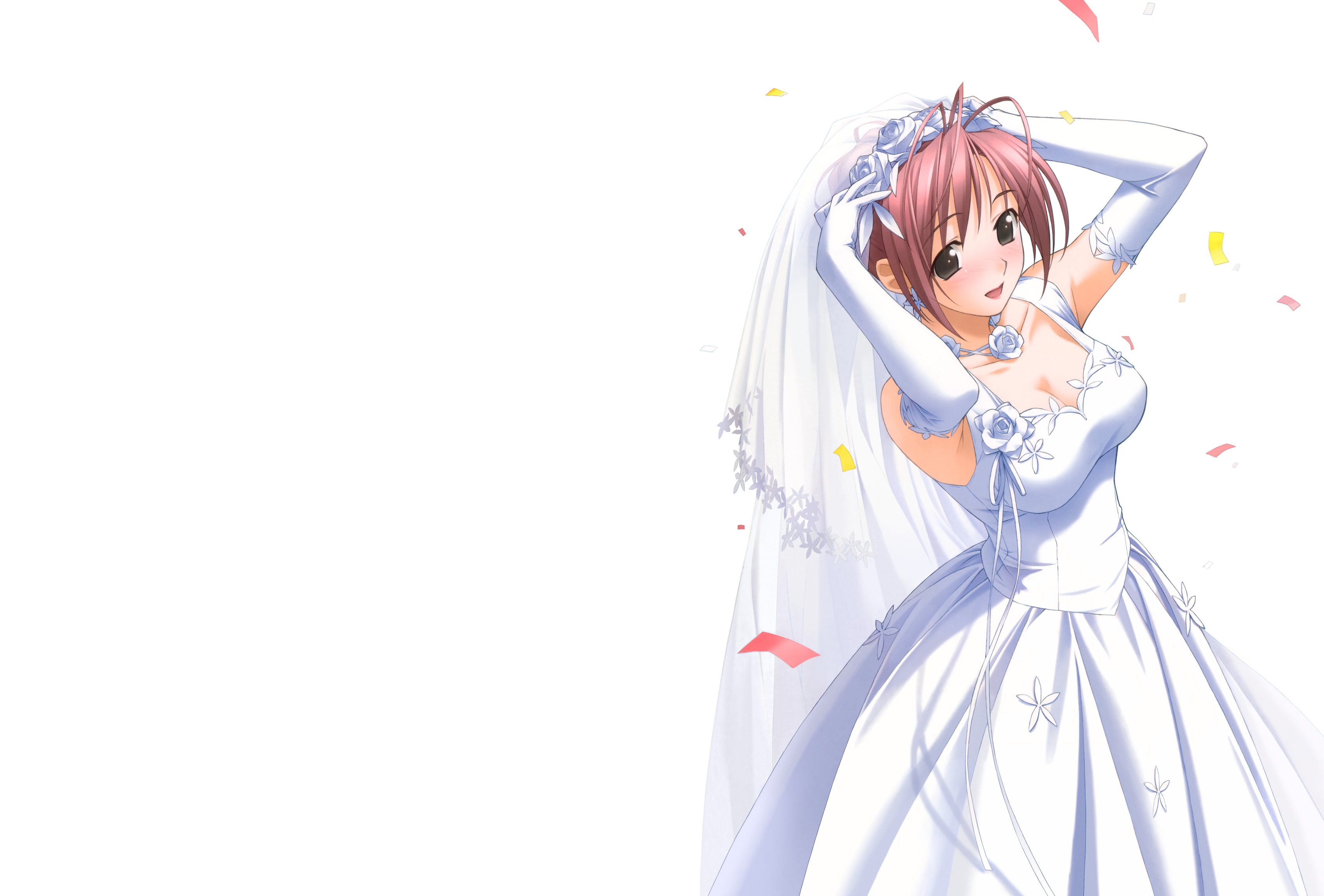 anime, original, brown hair, confetti, flower, short hair, smile, veil, wedding dress