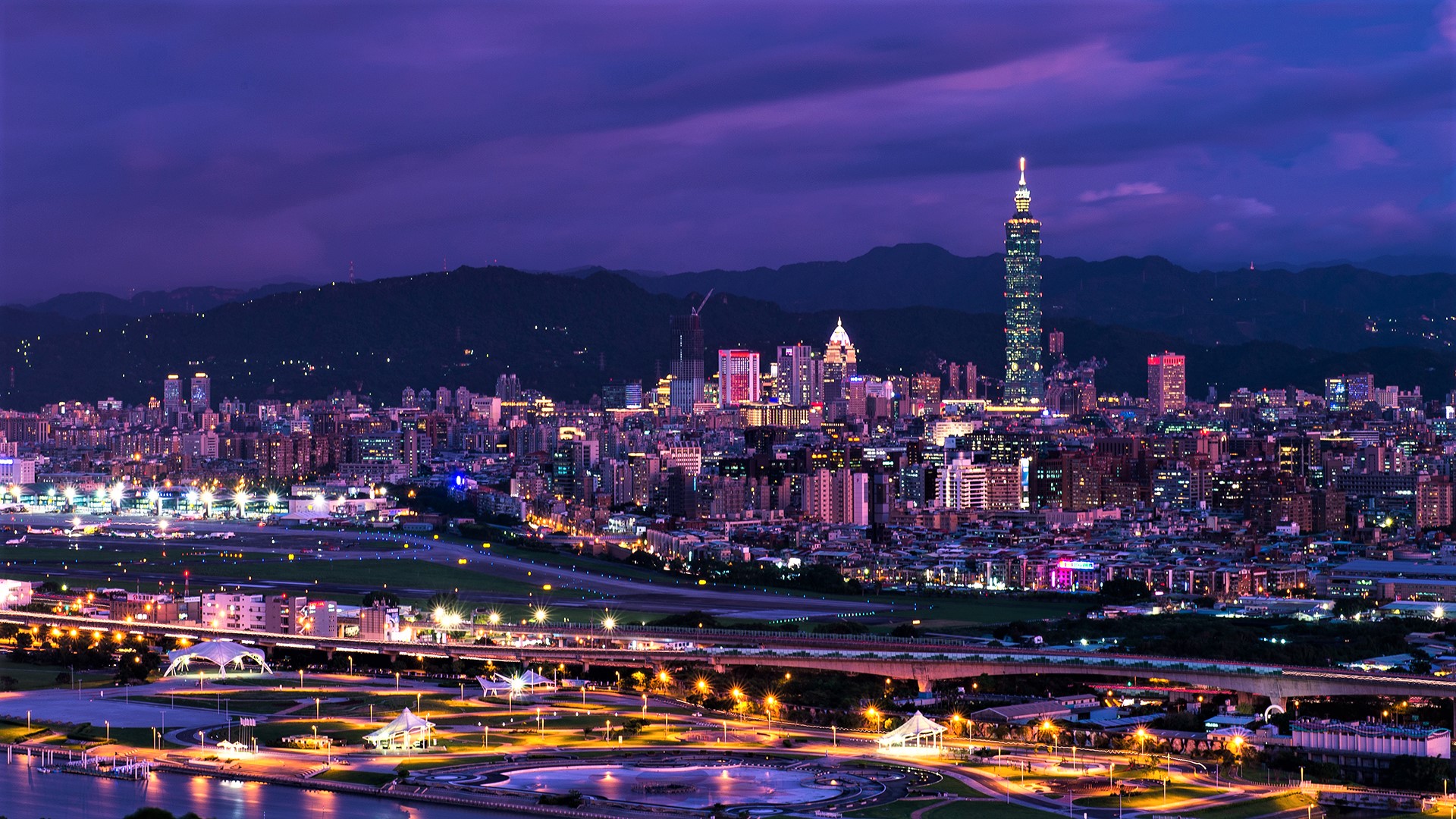 Скачать обои бесплатно Ночь, Город, Китай, Пурпурный, Тайбэй, Легкий, Сделано Человеком картинка на рабочий стол ПК