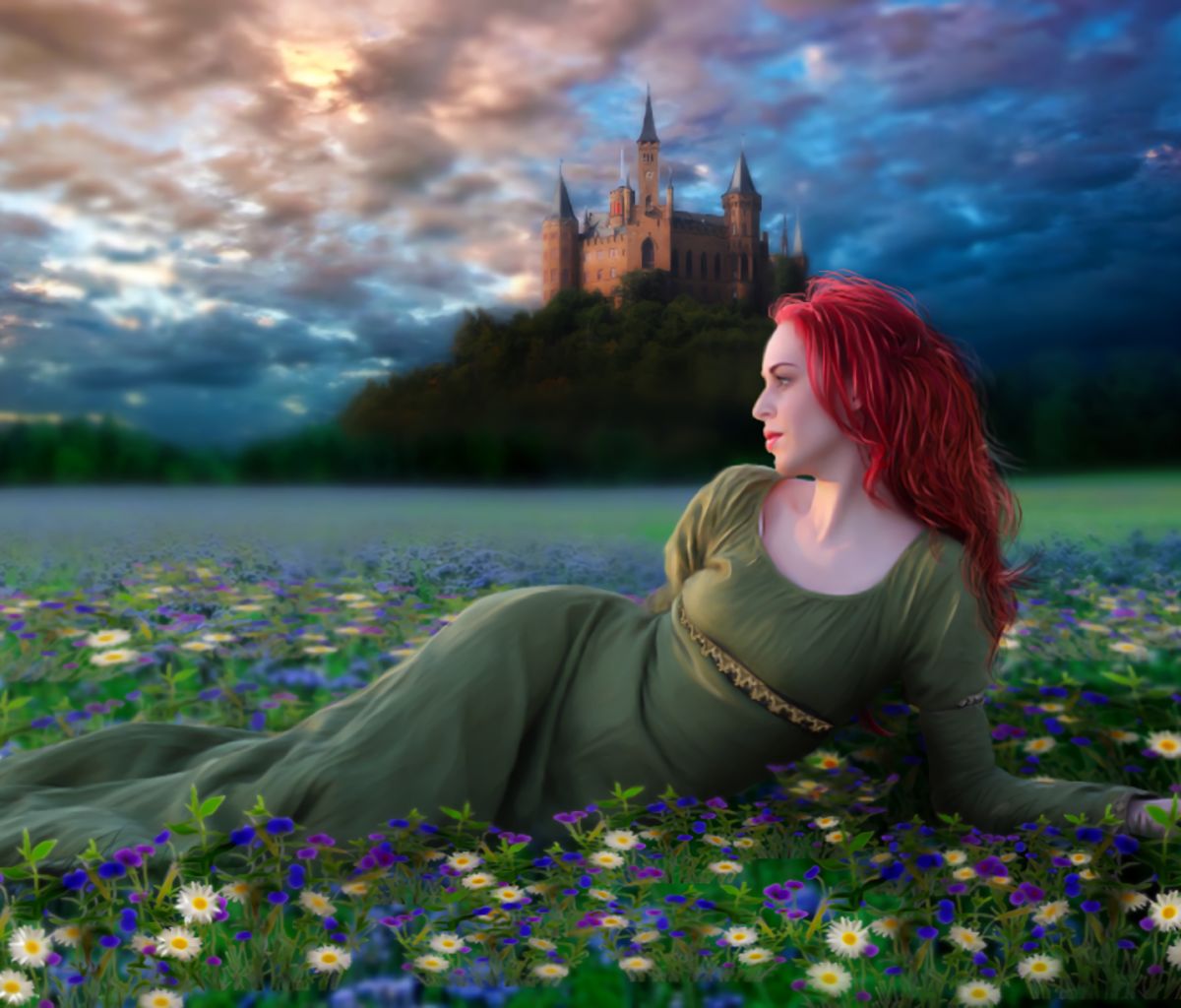 Free download wallpaper Field, Artistic, Women, Castle, Lying Down on your PC desktop