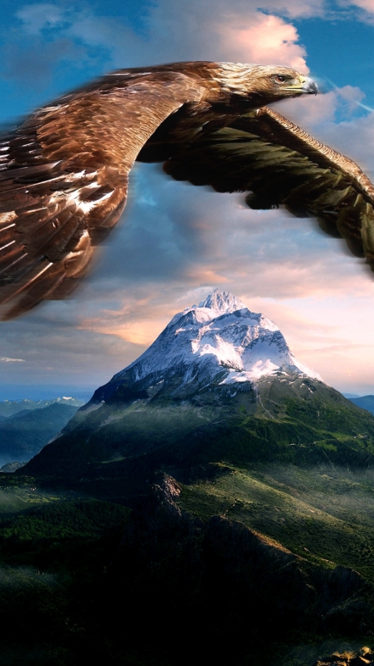 Download mobile wallpaper Landscape, Fantasy, Mountain, Sunrise, Space, Planet, Eagle for free.