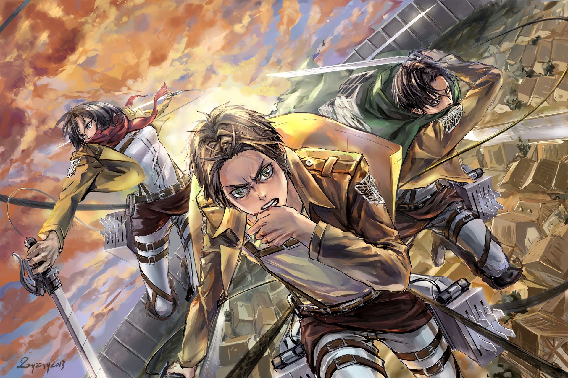 Download mobile wallpaper Anime, Eren Yeager, Mikasa Ackerman, Attack On Titan, Levi Ackerman for free.