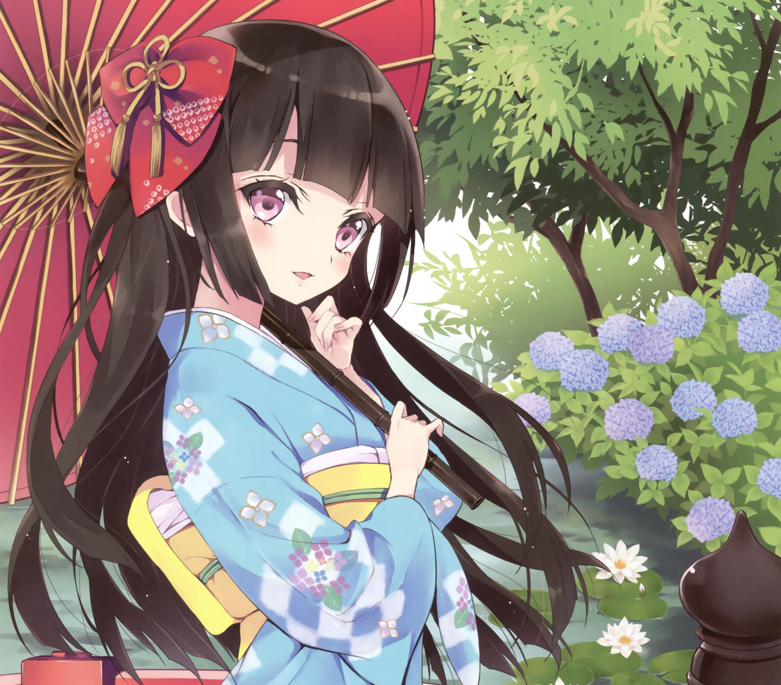 Download mobile wallpaper Anime, Smile, Kimono, Carnation, Original, Brown Eyes, Black Hair, Long Hair, Bow (Clothing), Parasol for free.