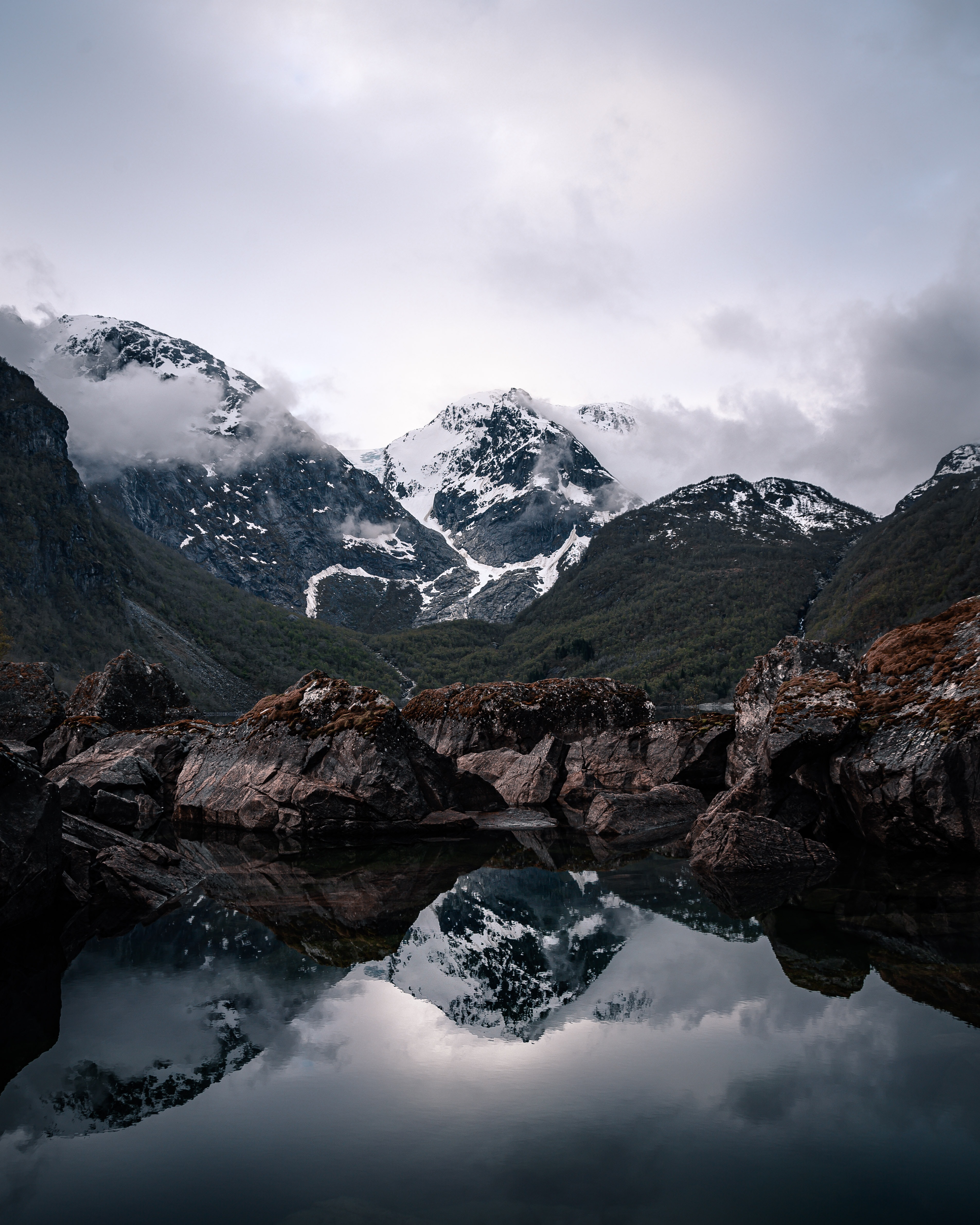 lake, nature, mountains, clouds, rocks, reflection, snow covered, snowbound