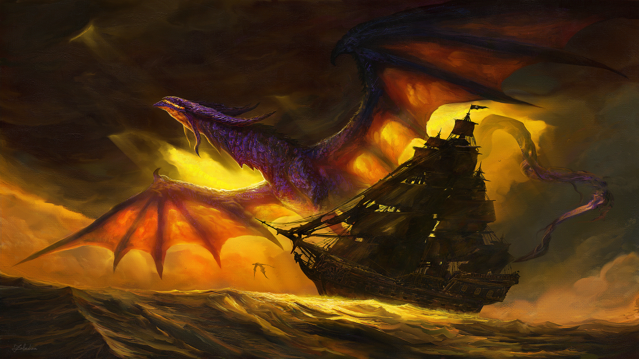 Download mobile wallpaper Fantasy, Sea, Dragon, Ship for free.