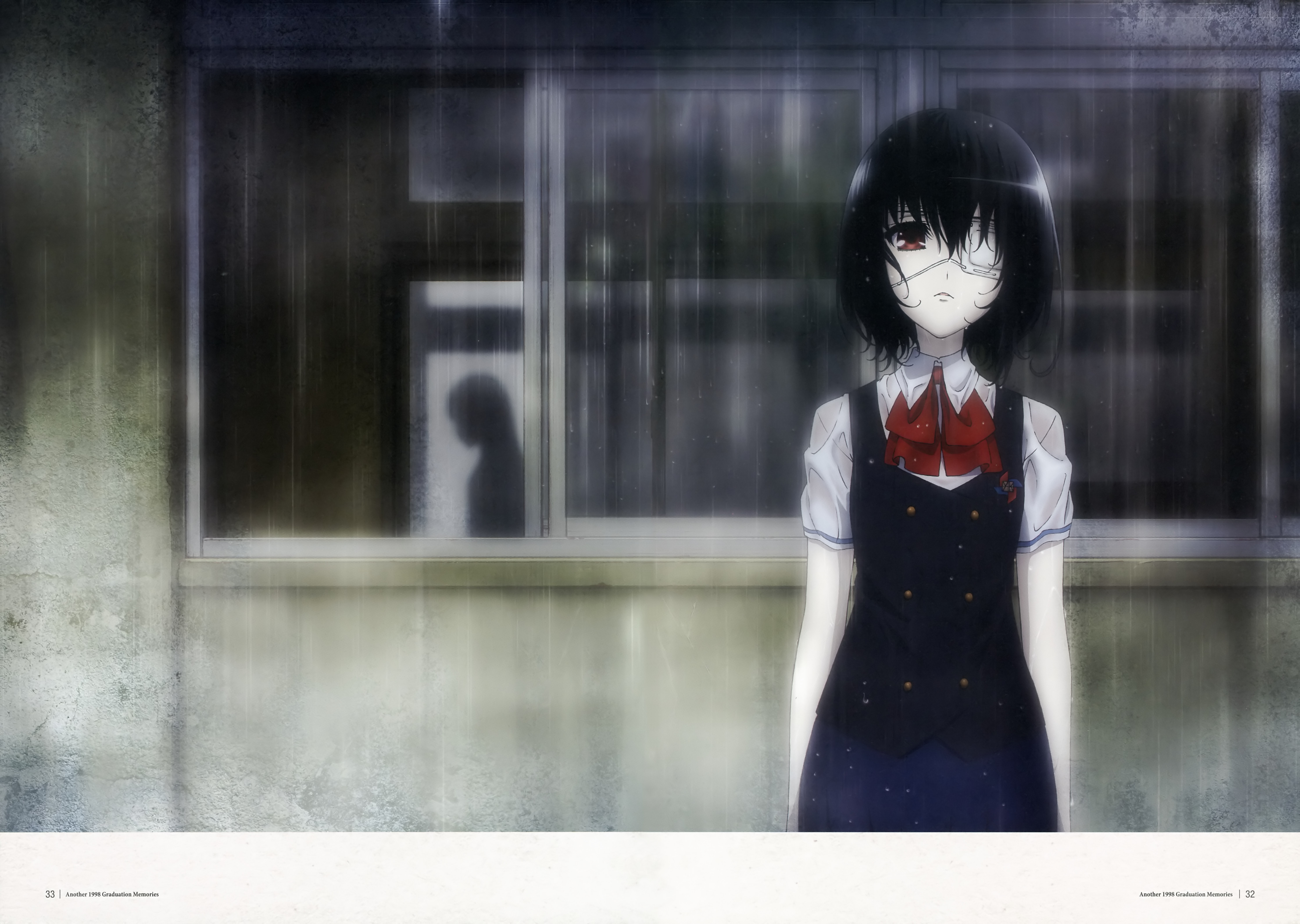 mei misaki, another (anime), anime, another, eye patch, rain
