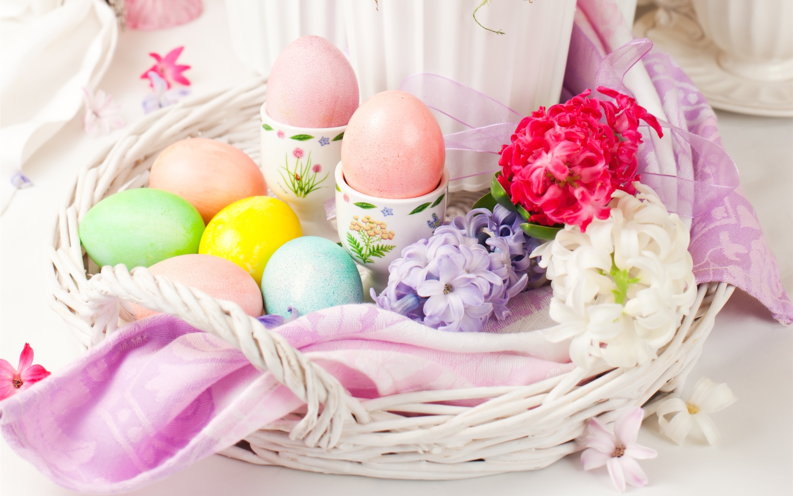 Download mobile wallpaper Easter, Hyacinth, Still Life, Holiday, Basket, Egg, Pastel, Easter Egg for free.