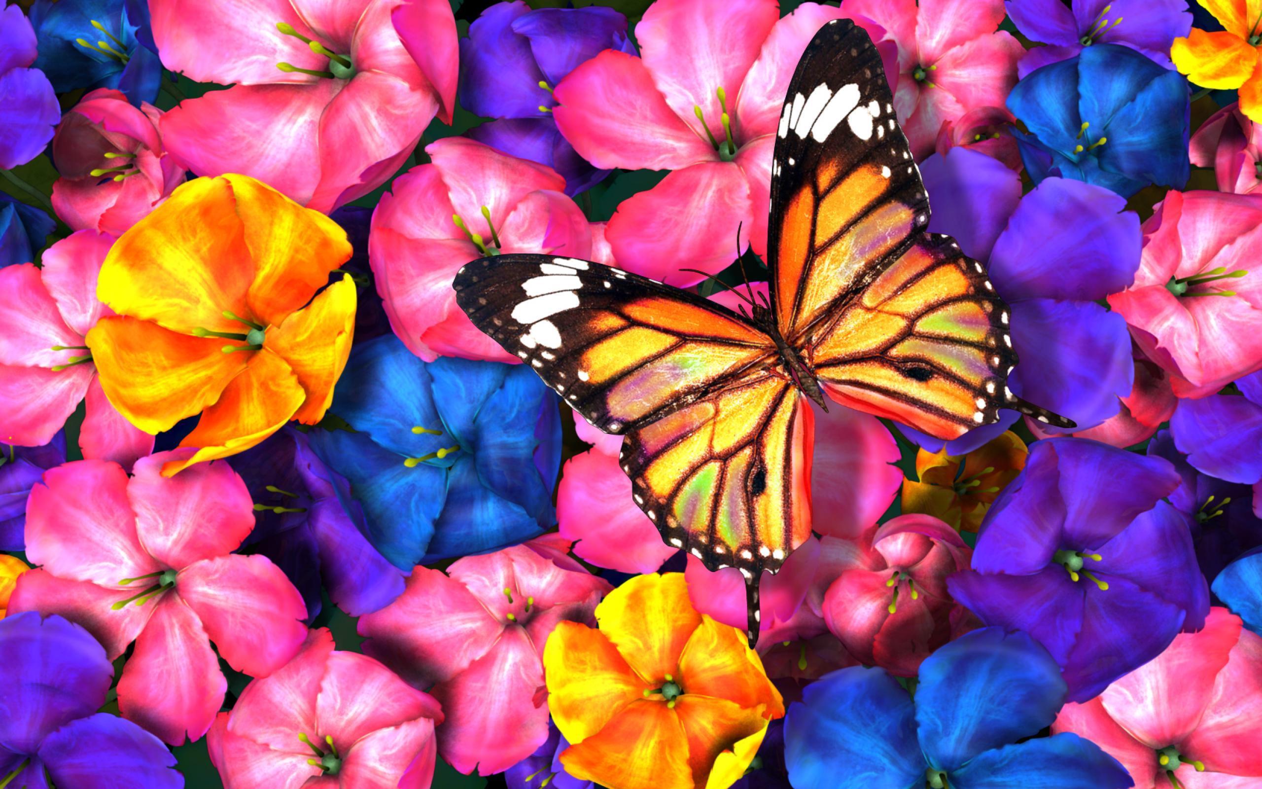 PCデスクトップに蝶, 花, 芸術的, 黄色い花, 青い花, ピンクの花画像を無料でダウンロード