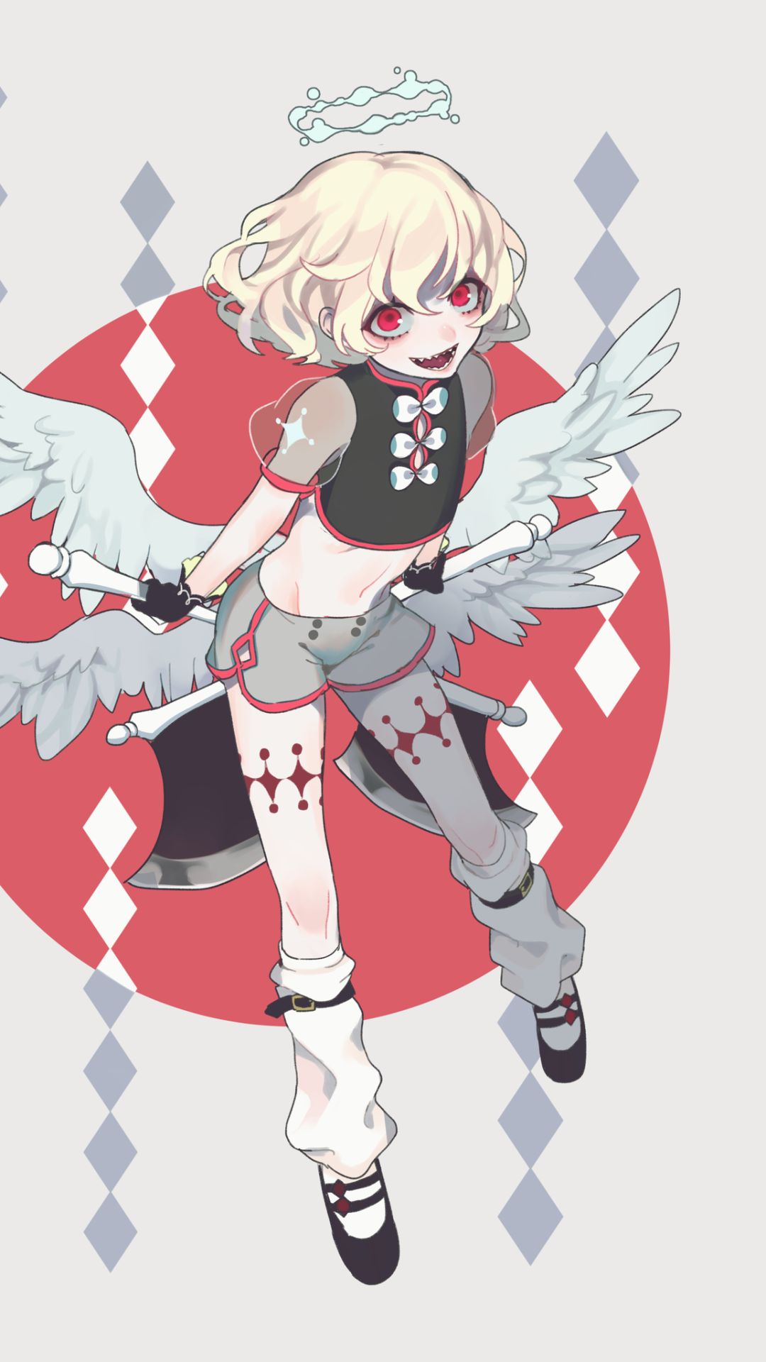 Download mobile wallpaper Anime, Smile, Wings, Angel, Blonde, Axe, Red Eyes, Short Hair for free.