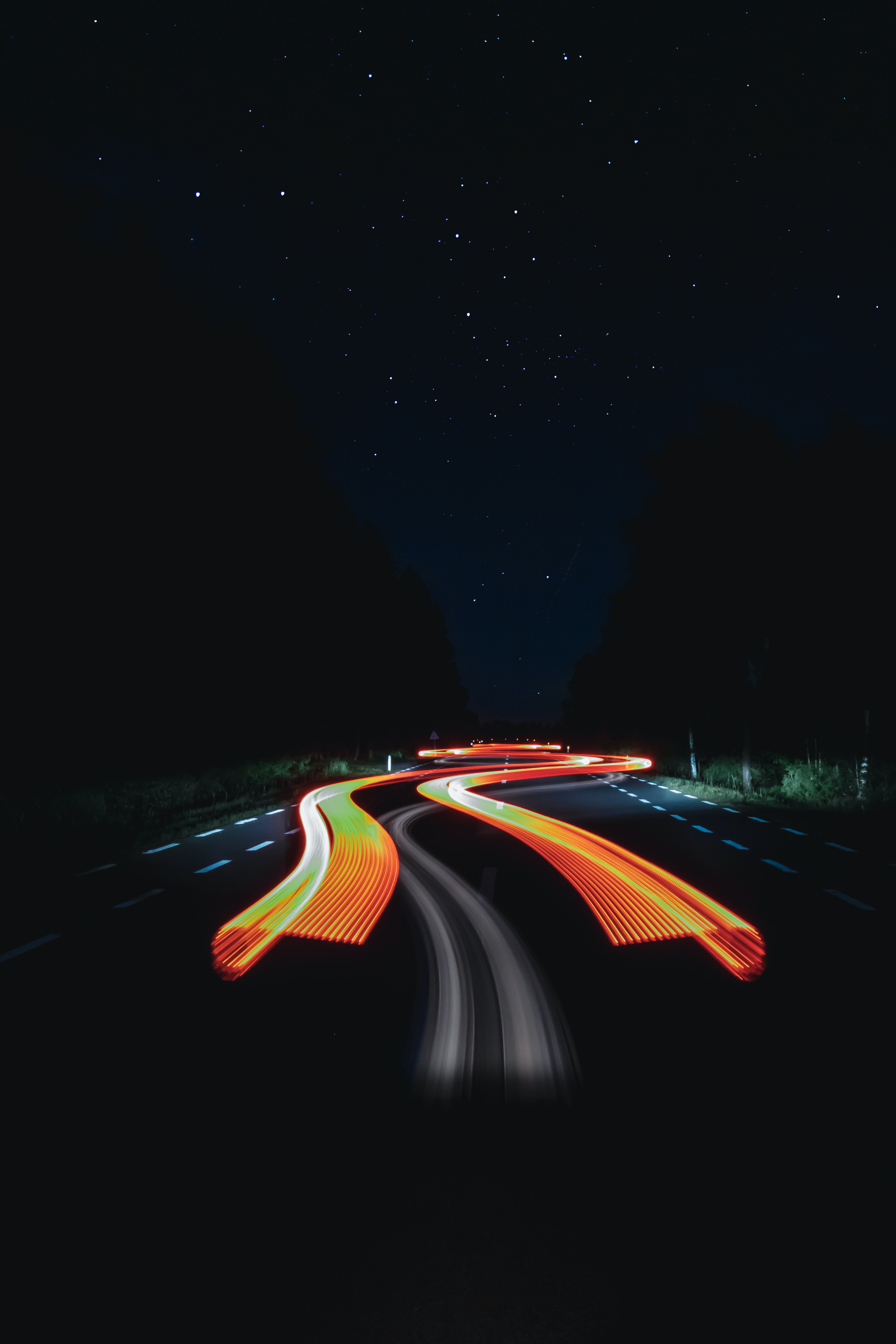 Free download wallpaper Dark, Road, Starry Sky, Long Exposure, Night, Glow on your PC desktop