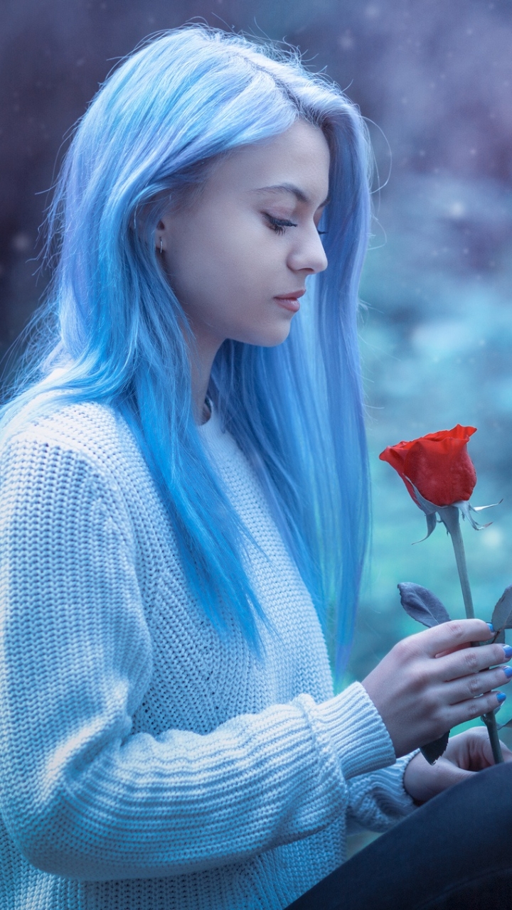 Download mobile wallpaper Mood, Model, Women, Red Rose, Blue Hair for free.