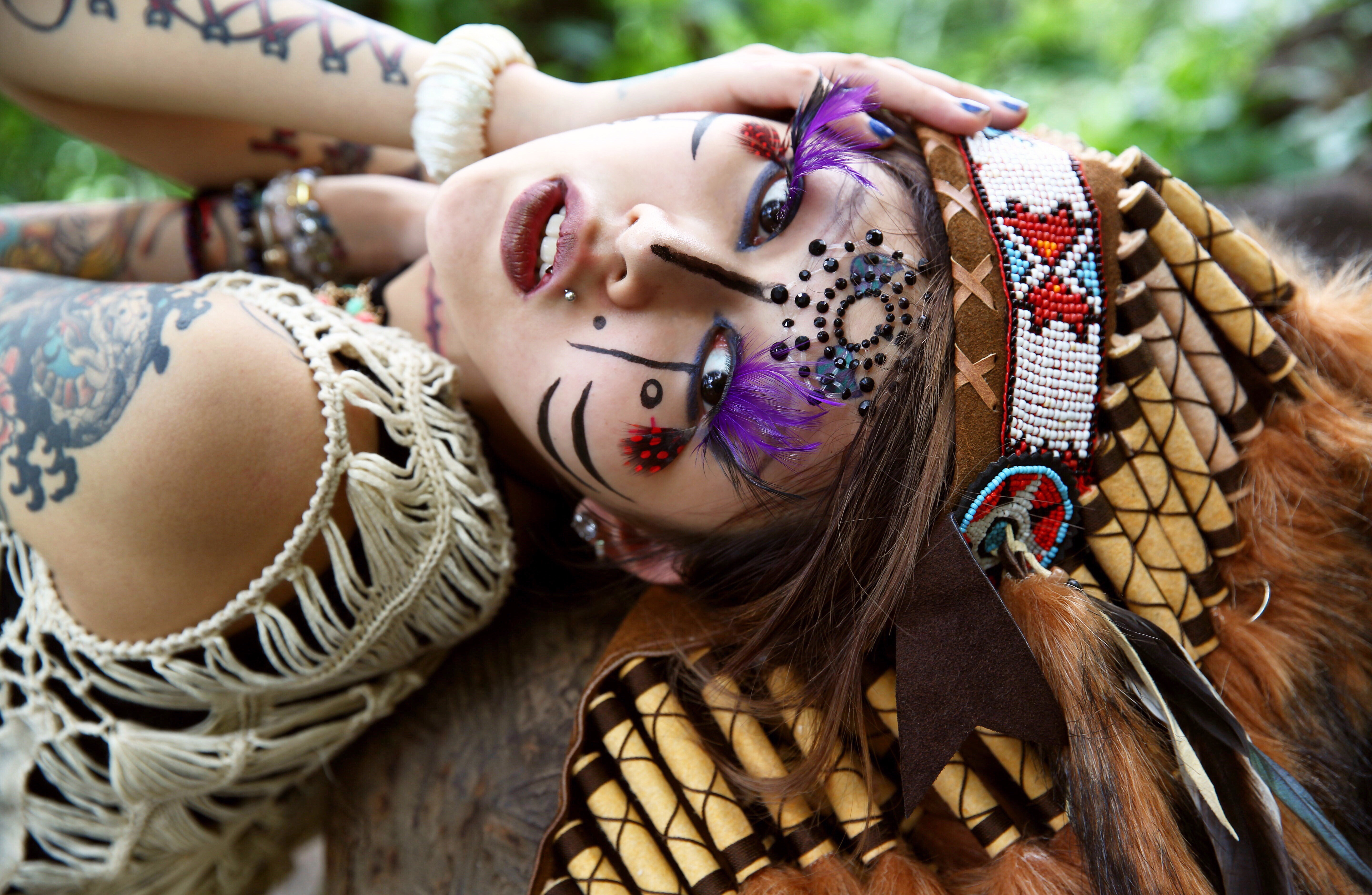 Download mobile wallpaper Tattoo, Face, Model, Women, Headdress, Brown Eyes, Lipstick, Native American for free.