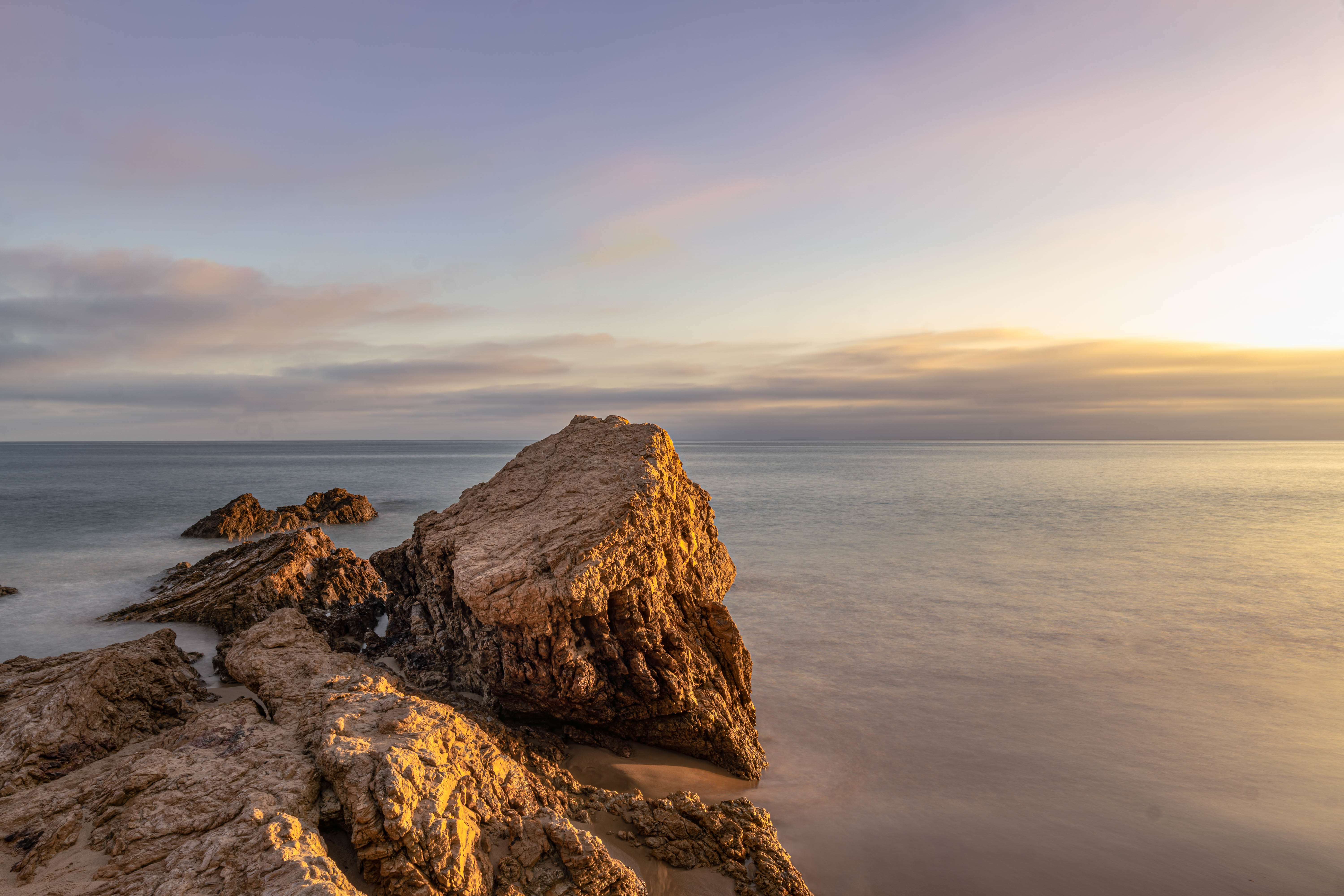 rocks, nature, water, sunset, sea 4K, Ultra HD