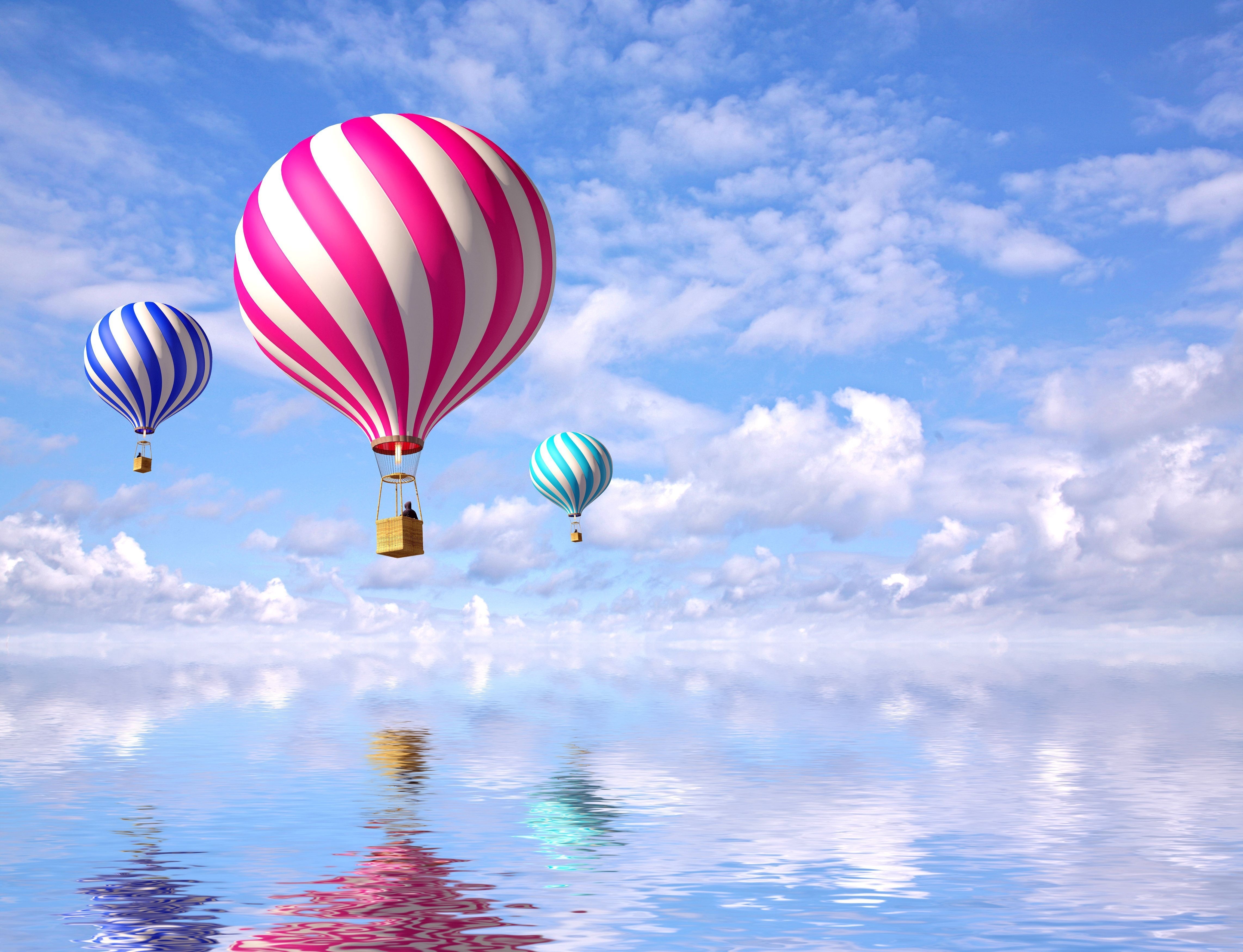 3d, balloons, clouds, sea, flight HD wallpaper