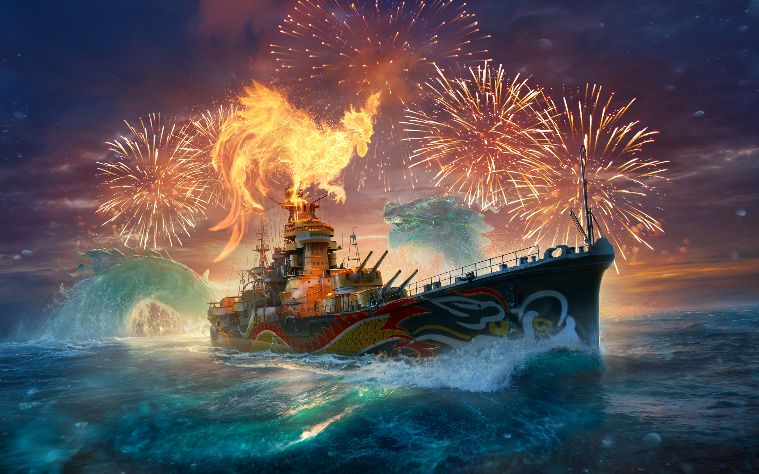 Free download wallpaper Dragon, Ship, Fireworks, Phoenix, Video Game, Warship, World Of Warships, Warships on your PC desktop