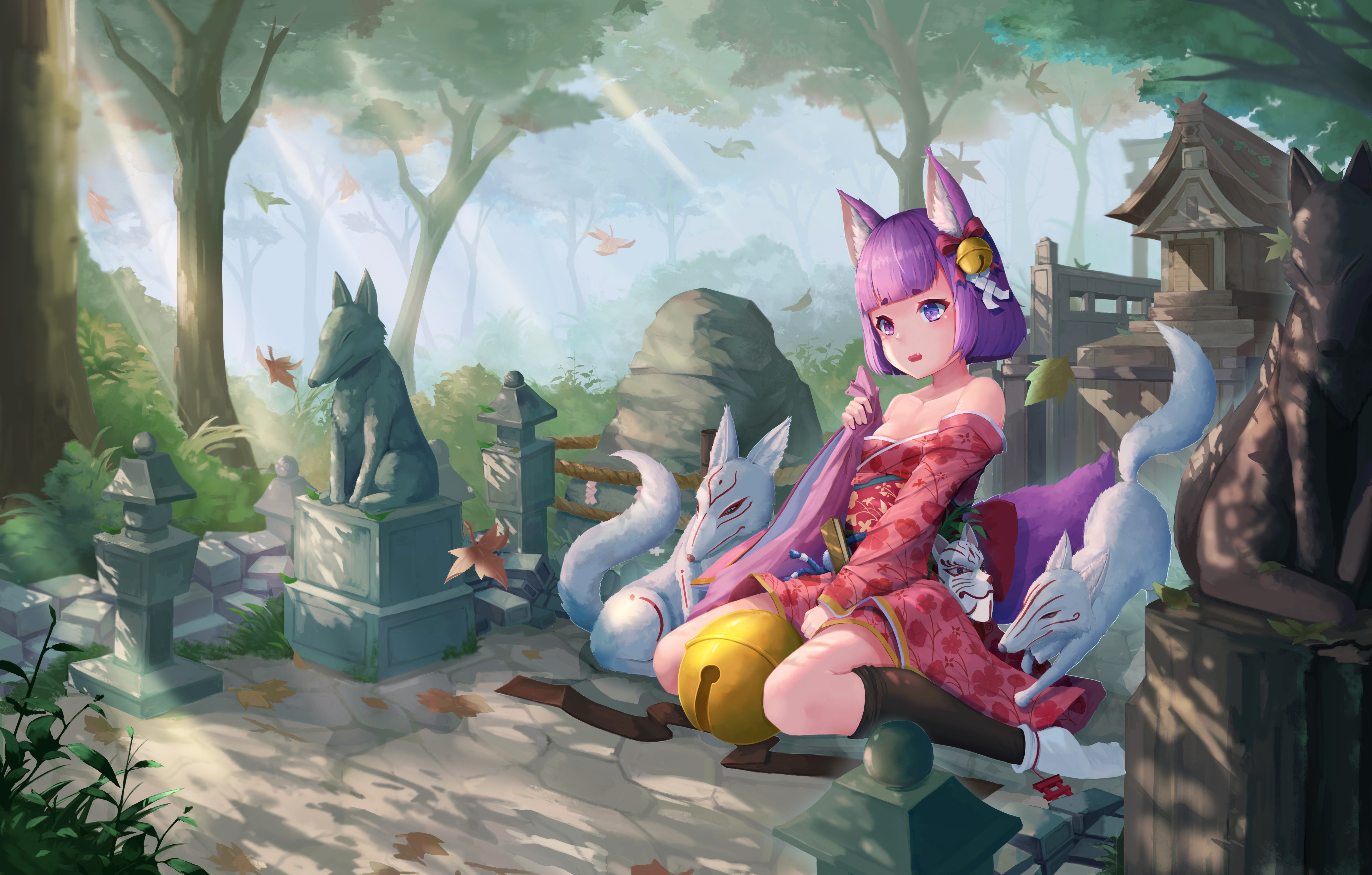 Download mobile wallpaper Anime, Forest, Leaf, Bell, Original, Cat Girl, Purple Hair for free.