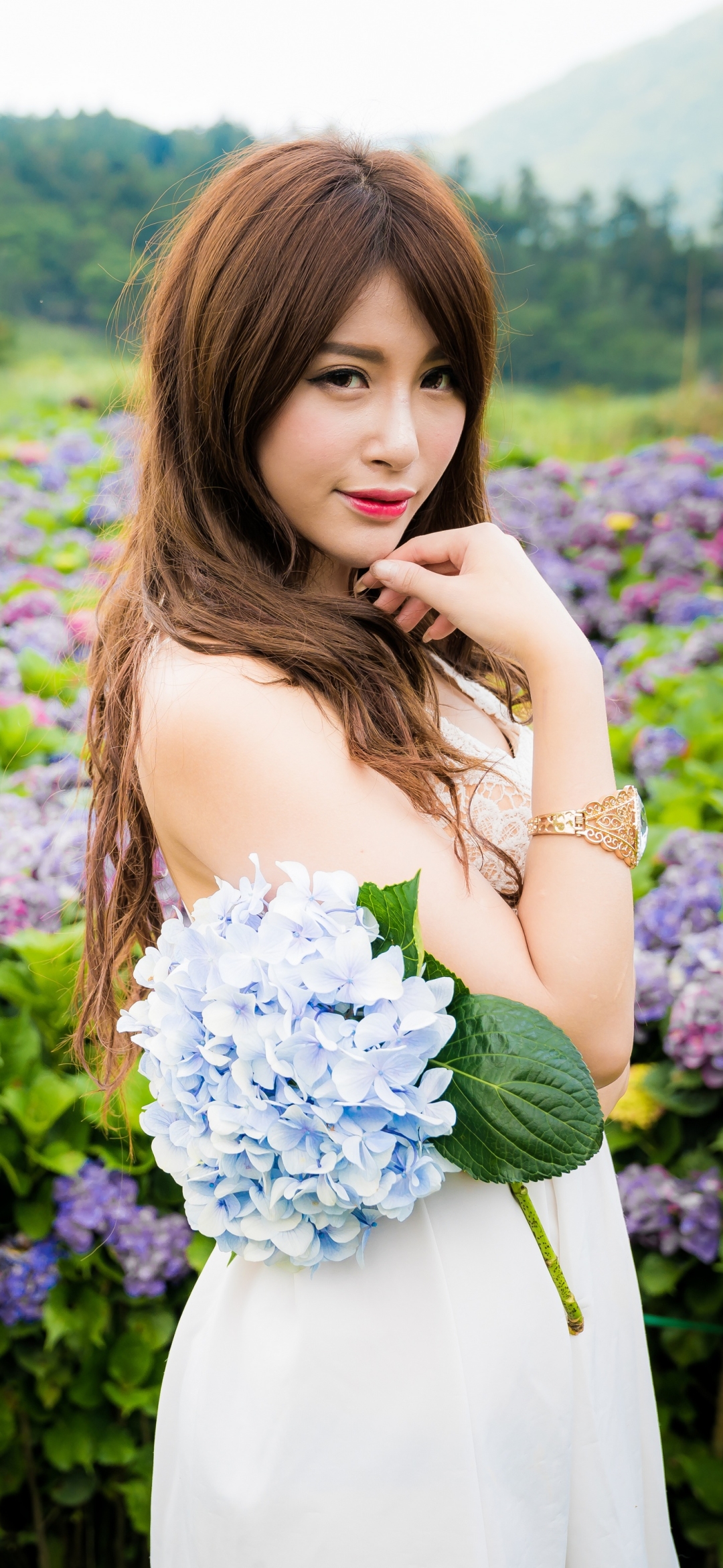 Download mobile wallpaper Flower, Hydrangea, Brunette, Model, Women, Asian, Long Hair, Lipstick, White Dress for free.