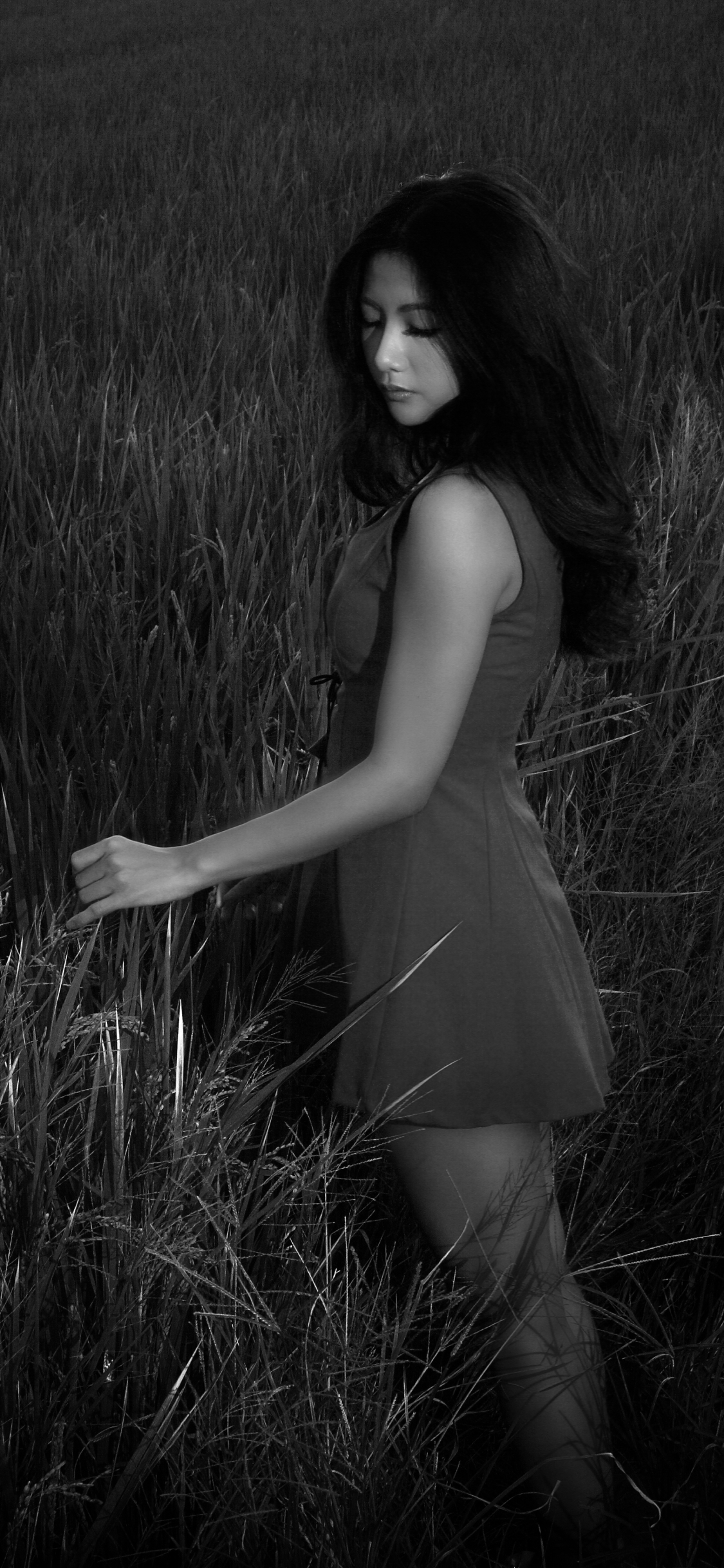 Download mobile wallpaper Night, Monochrome, Dress, Women, Asian for free.