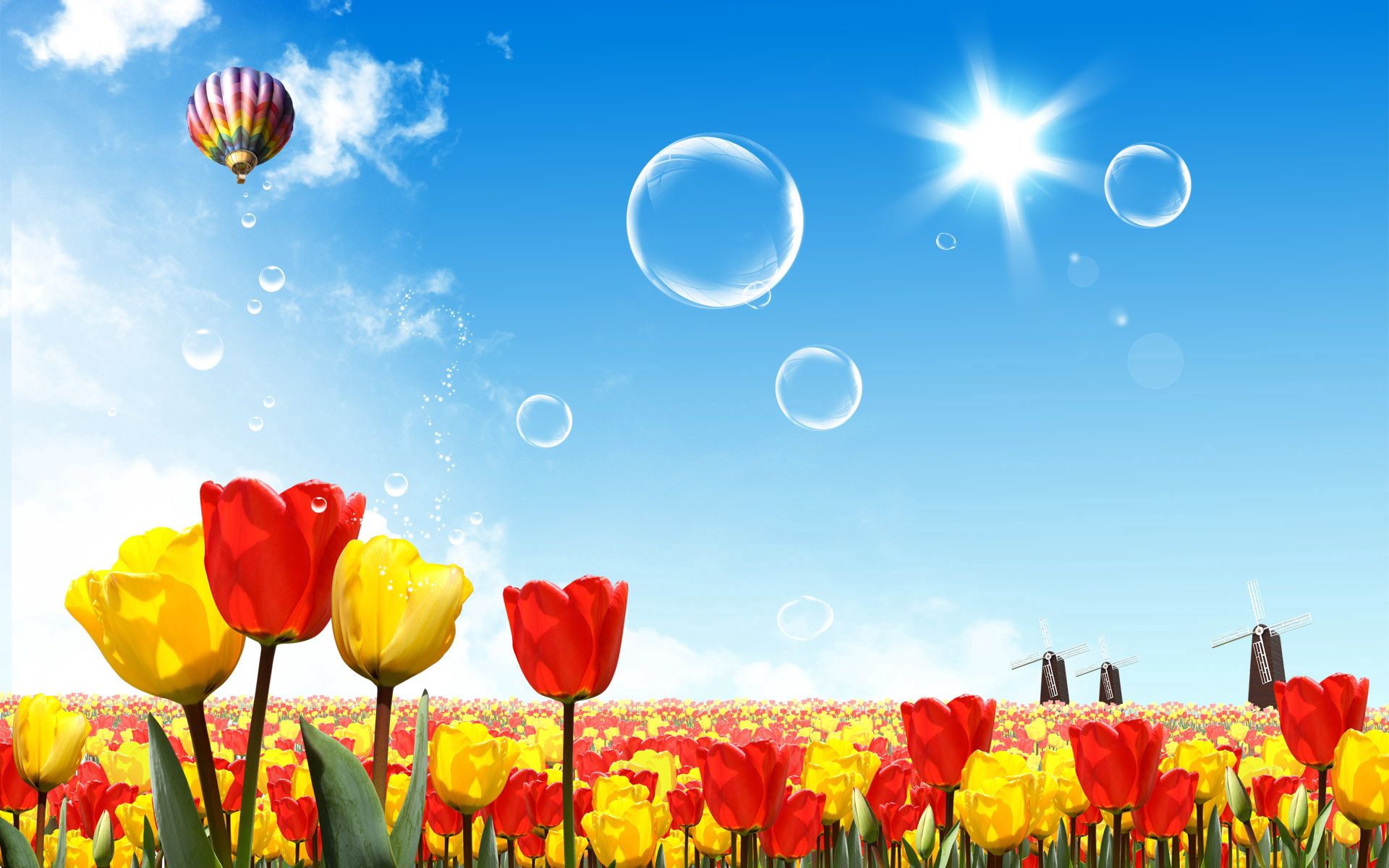 121566 скачать обои тюльпаны, солнце, небо, вектор, воздушный шар, аэростат - заставки и картинки бесплатно