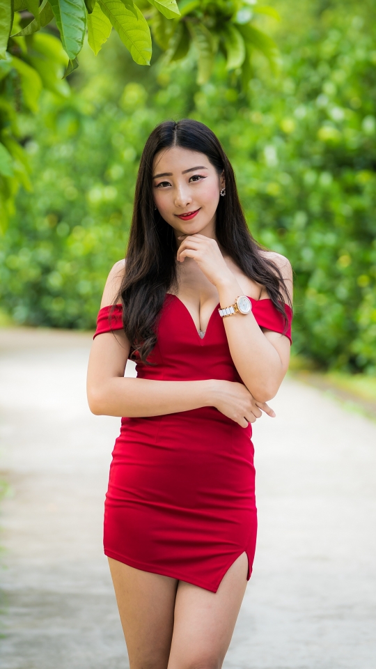 Download mobile wallpaper Model, Women, Asian, Black Hair, Red Dress, Depth Of Field for free.