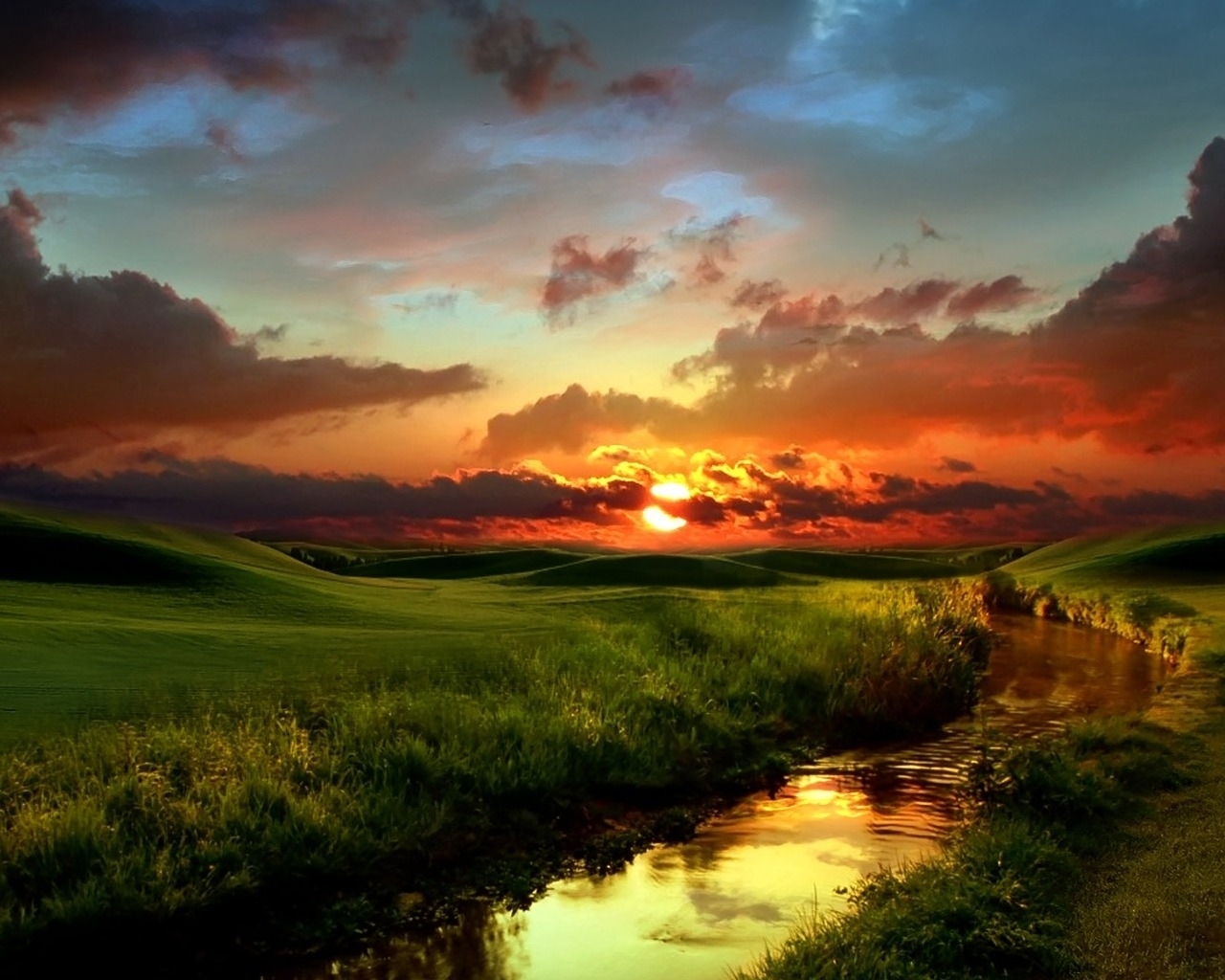 Download mobile wallpaper Sky, Rivers, Sun, Grass, Landscape, Sunset for free.
