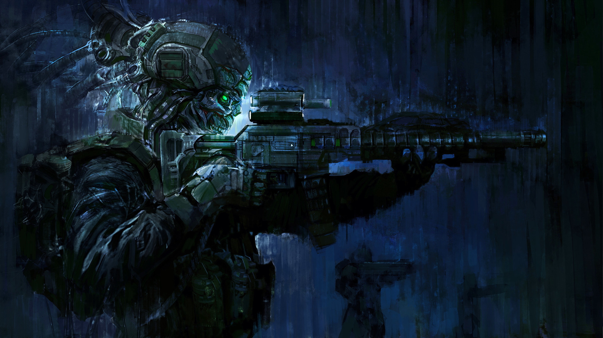 Download mobile wallpaper Rain, Weapon, Dark, Warrior, Sci Fi, Assault Rifle for free.