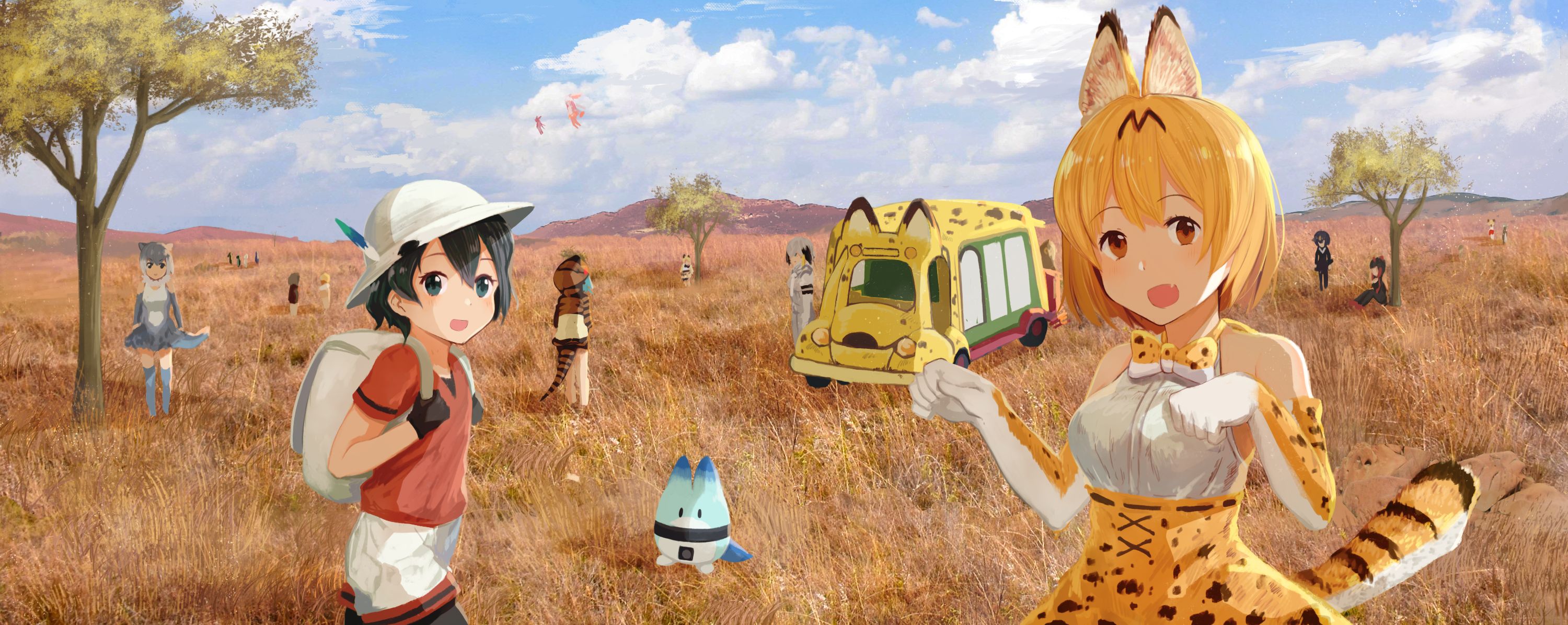 anime, kemono friends, kaban (kemono friends), serval (kemono friends), shoebill (kemono friends)