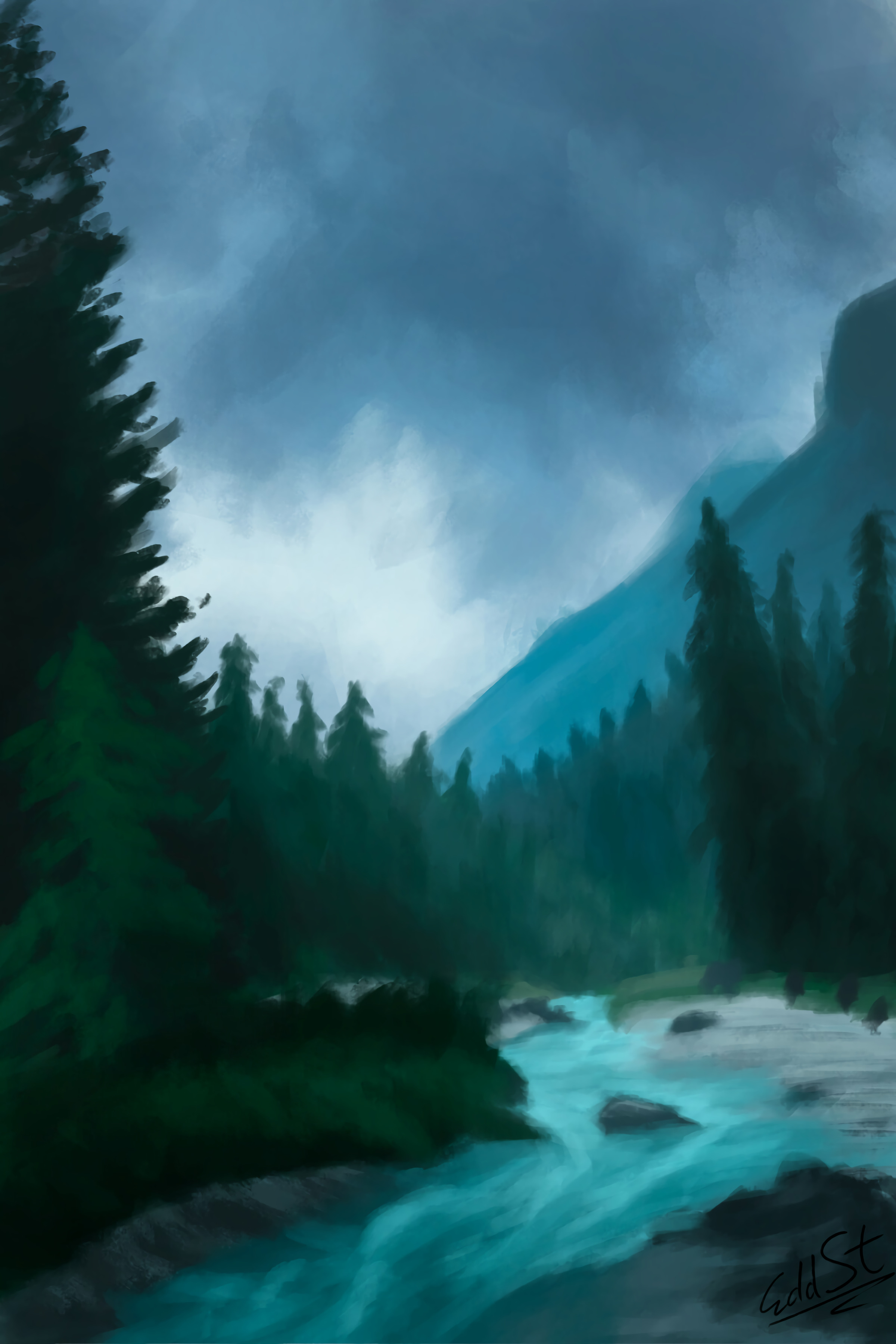 Free download wallpaper Rivers, Trees, Mountain, Art, Landscape on your PC desktop