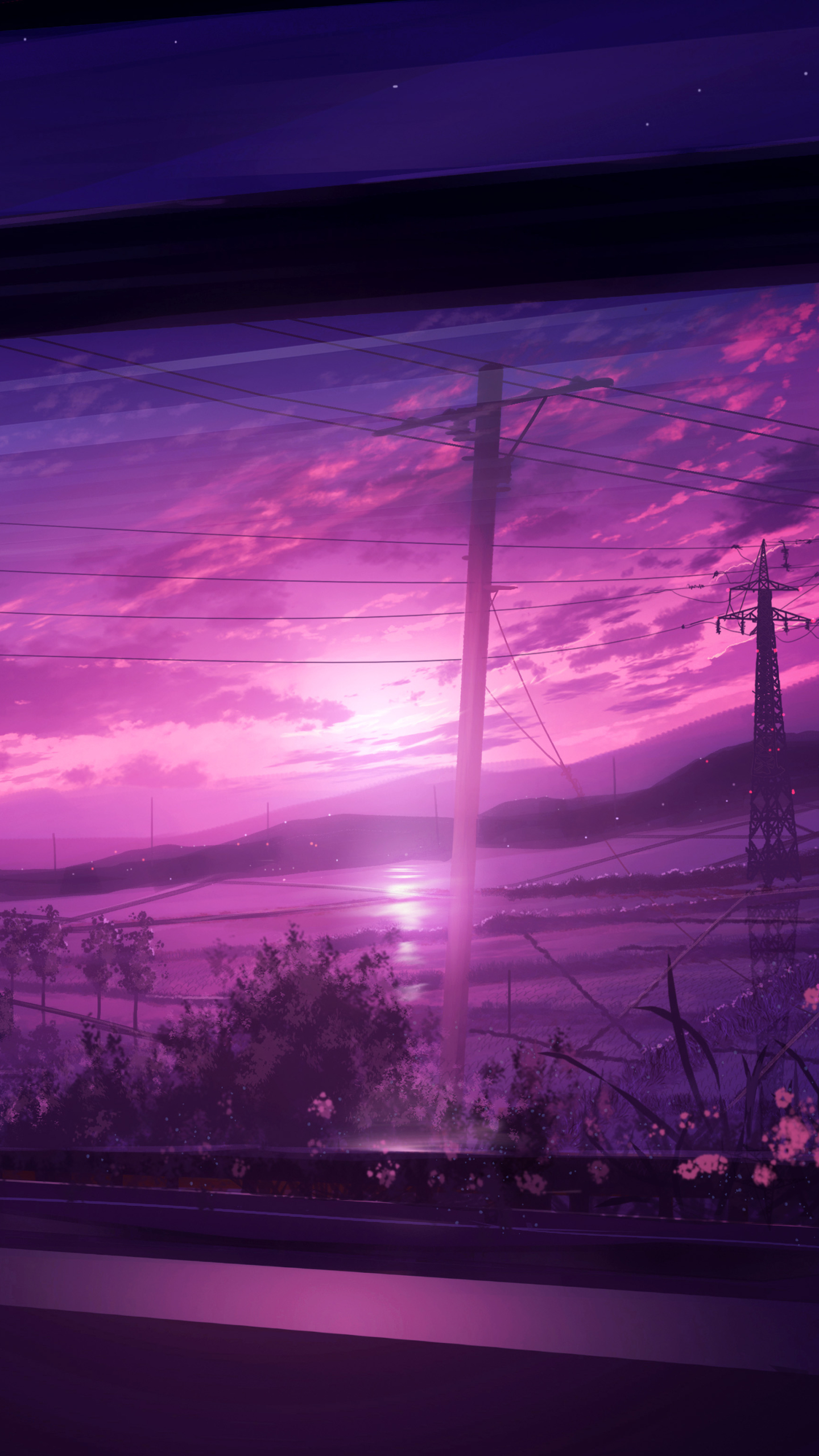 Handy-Wallpaper Landschaft, Sonnenuntergang, Animes, Stromleitung kostenlos herunterladen.