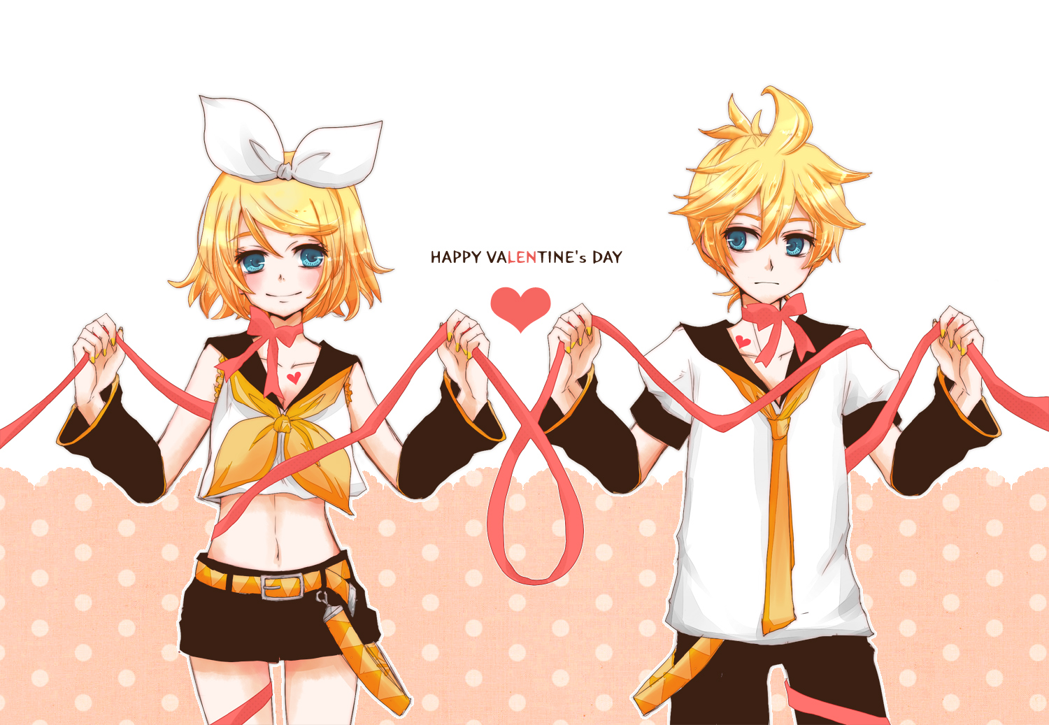 anime, vocaloid, blonde, blue eyes, heart, len kagamine, love, ribbon, rin kagamine, valentine's day