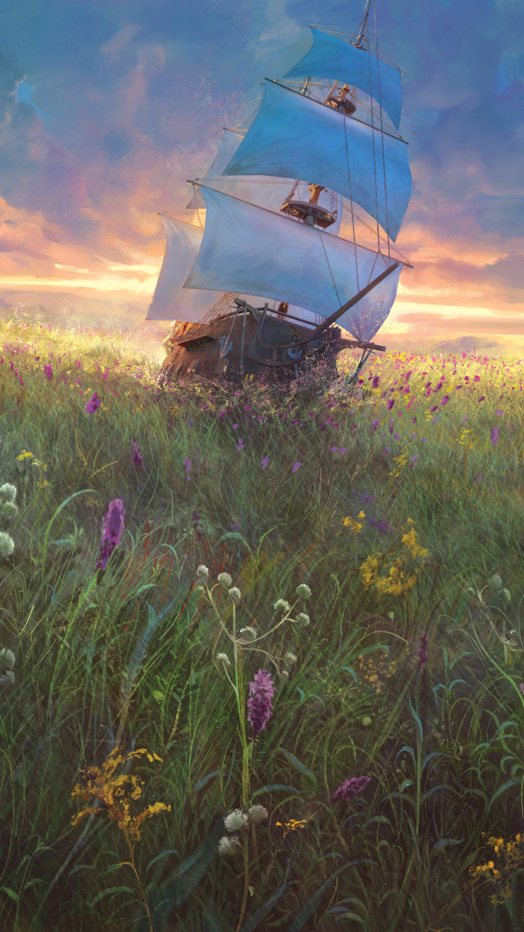 Download mobile wallpaper Fantasy, Sunset, Grass, Ship for free.