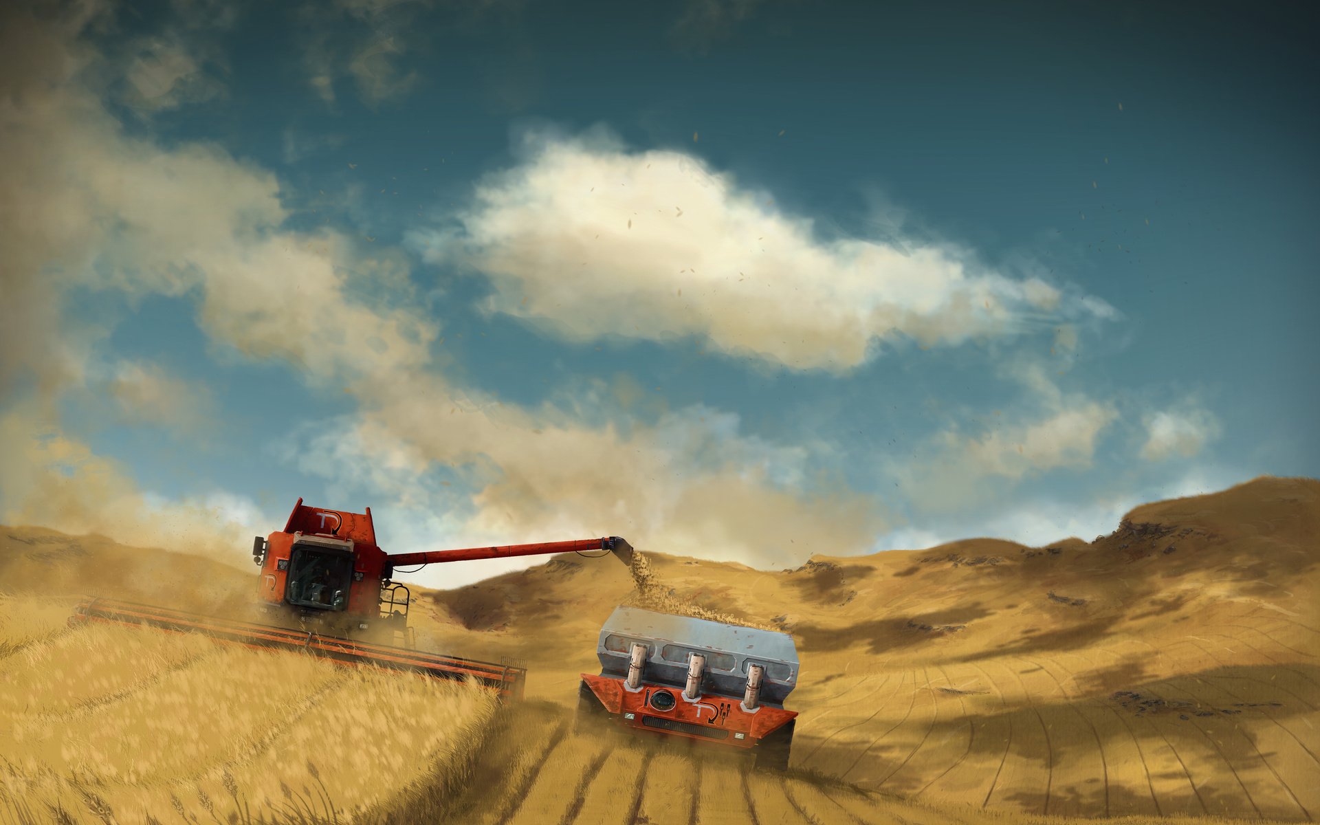 earth, wheat, cloud, harvester, landscape, thresher, tractor