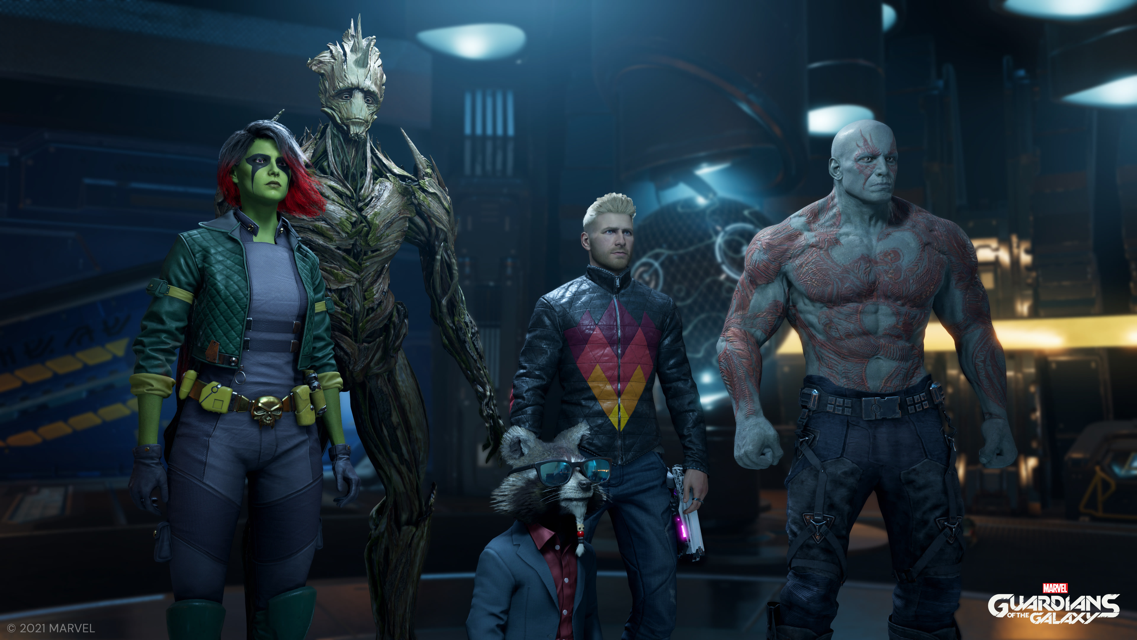 video game, marvel's guardians of the galaxy, drax the destroyer, gamora, groot, rocket raccoon