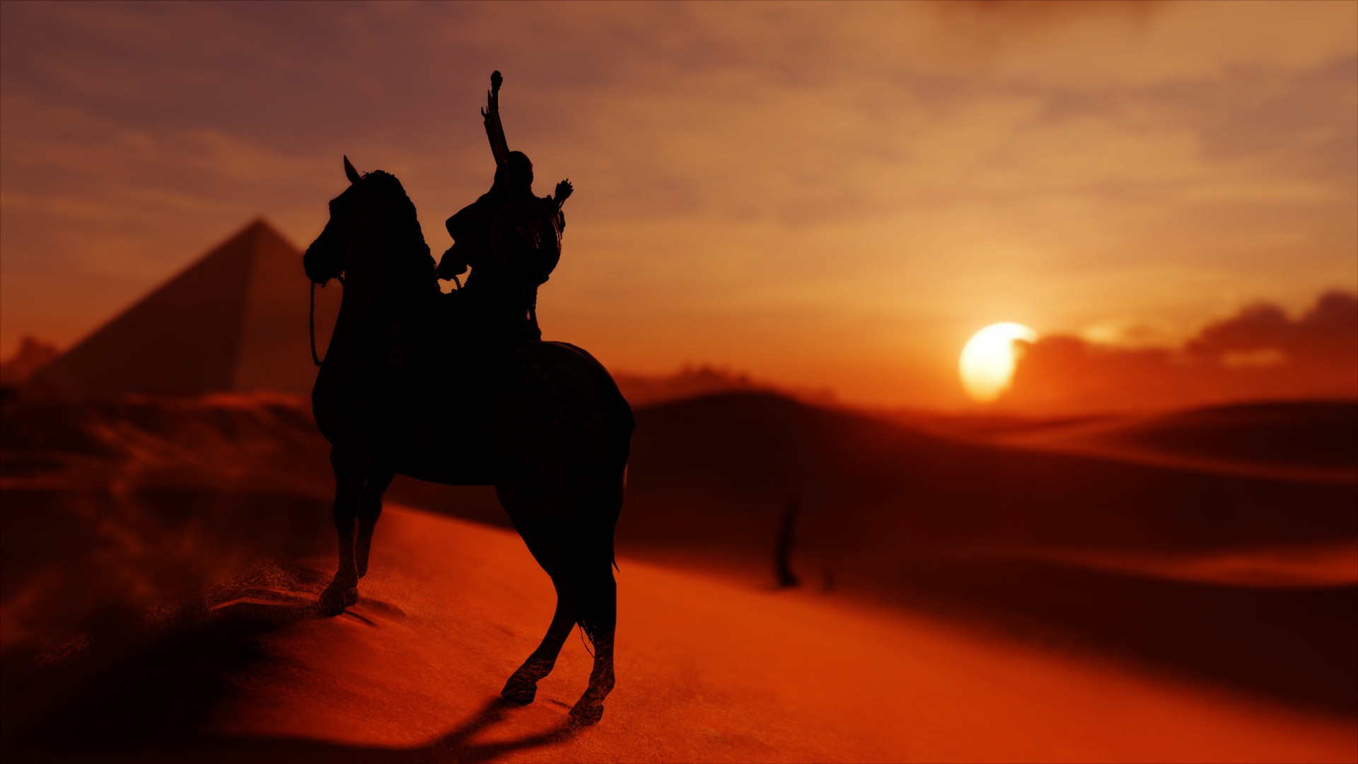 Laden Sie das Silhouette, Sonnenuntergang, Computerspiele, Hauspferd, Assassin's Creed, Assassin's Creed: Origins, Bayek Von Siwa-Bild kostenlos auf Ihren PC-Desktop herunter