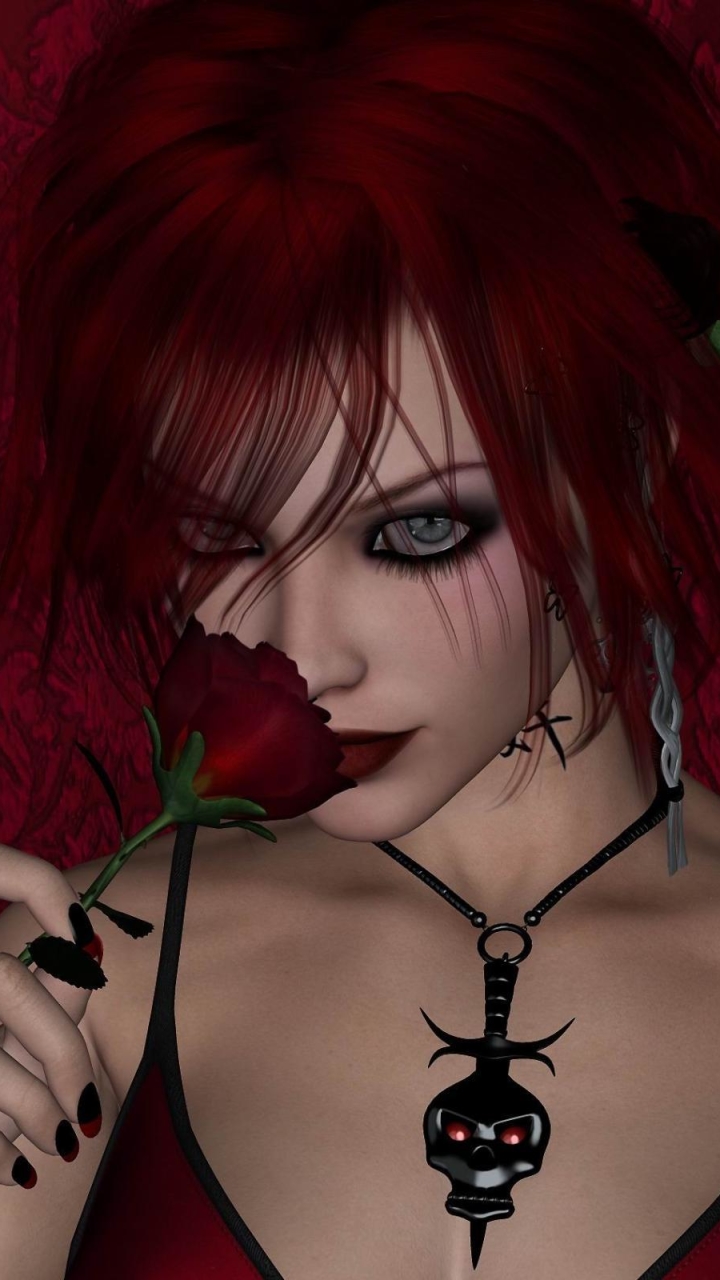 Download mobile wallpaper Fantasy, Gothic, Rose, Women, Blue Eyes, Red Hair for free.