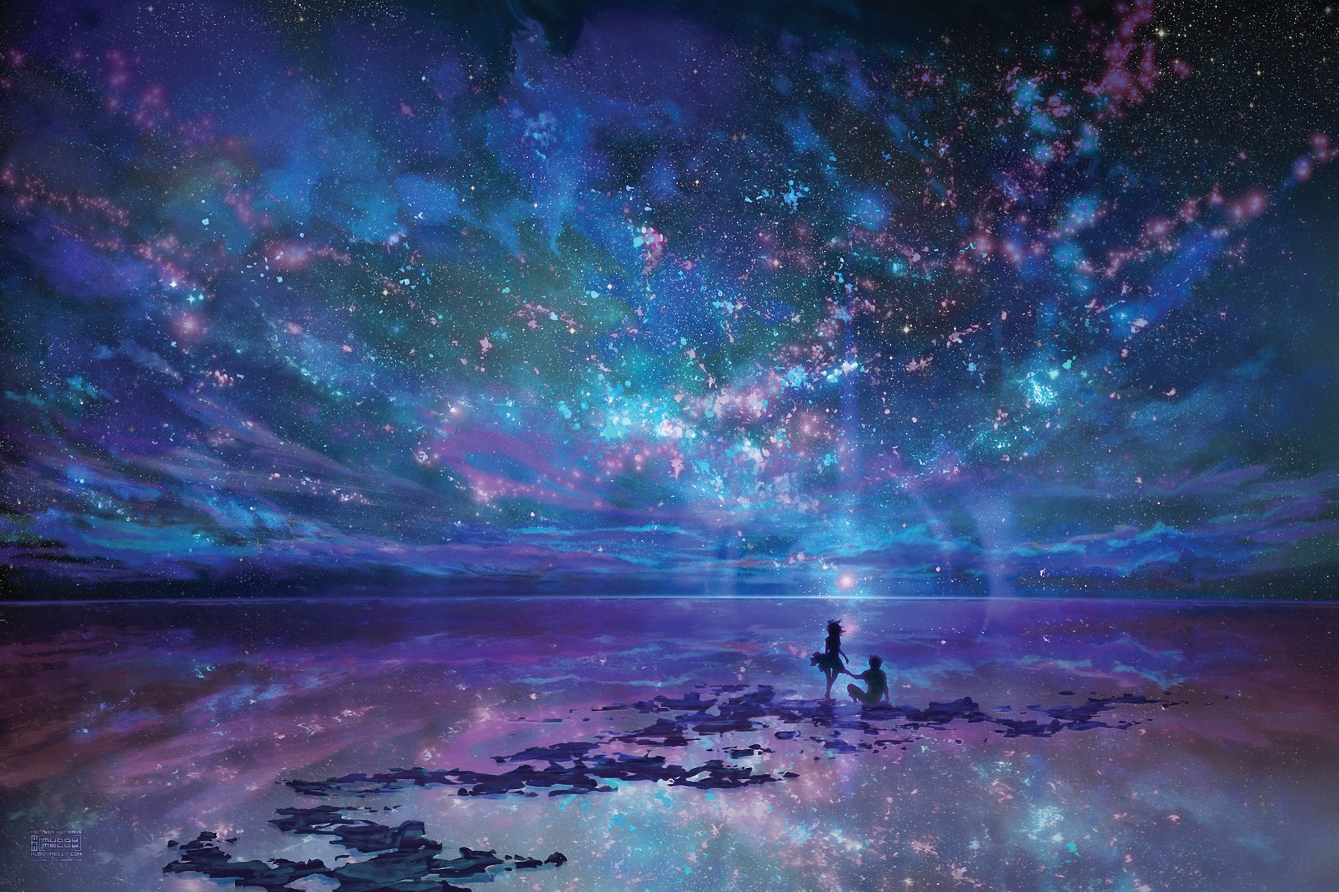 purple, reflection, couple, anime, sky, ocean