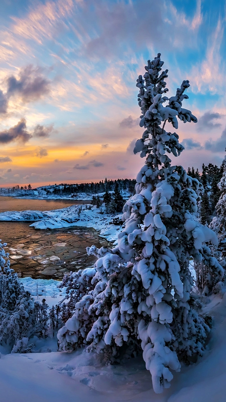 Descarga gratuita de fondo de pantalla para móvil de Invierno, Nieve, Tierra, Atardecer, Tierra/naturaleza, Puesta De Sol.