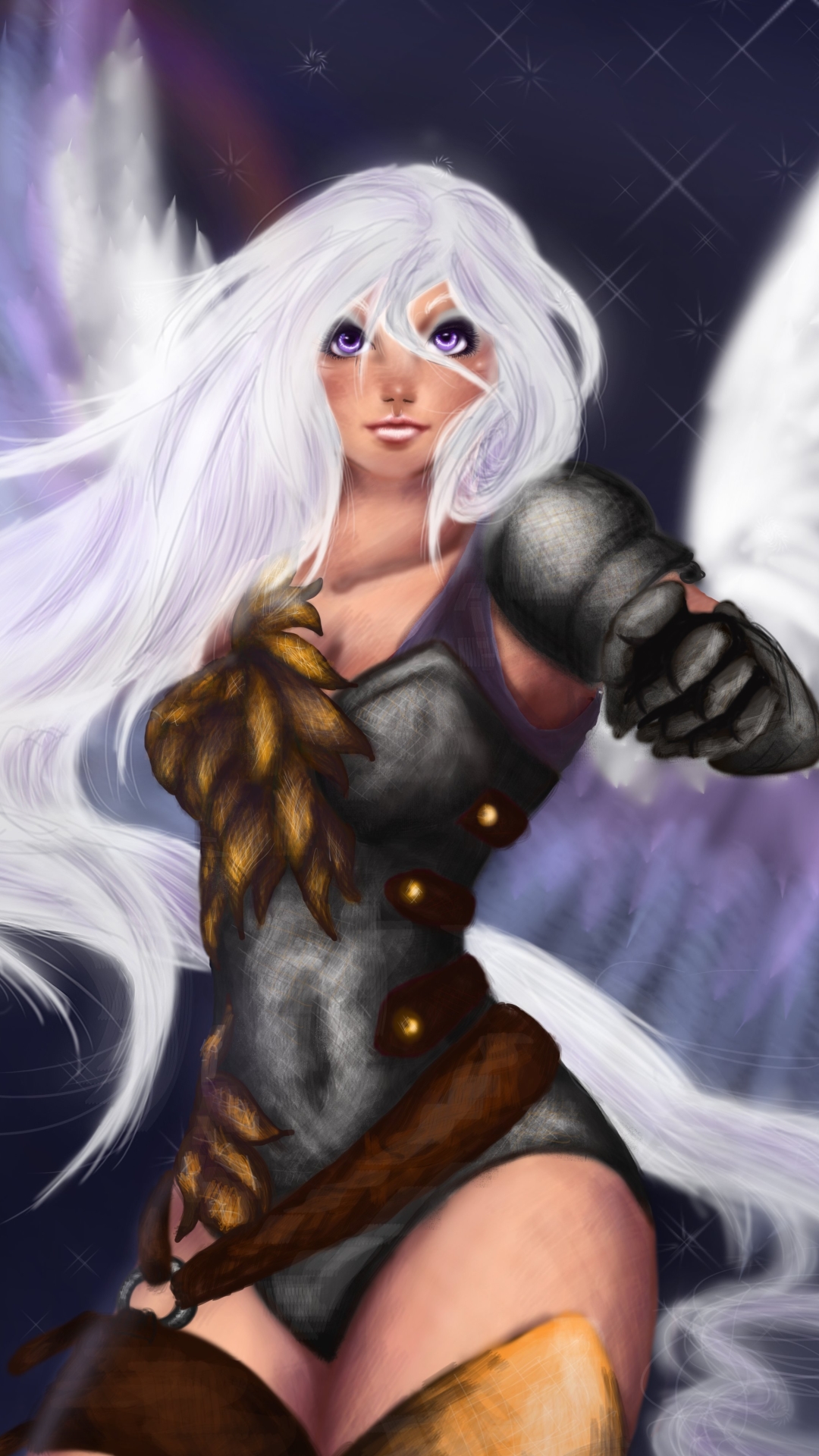 Download mobile wallpaper Fantasy, Wings, Angel, Long Hair, Purple Eyes, White Hair for free.