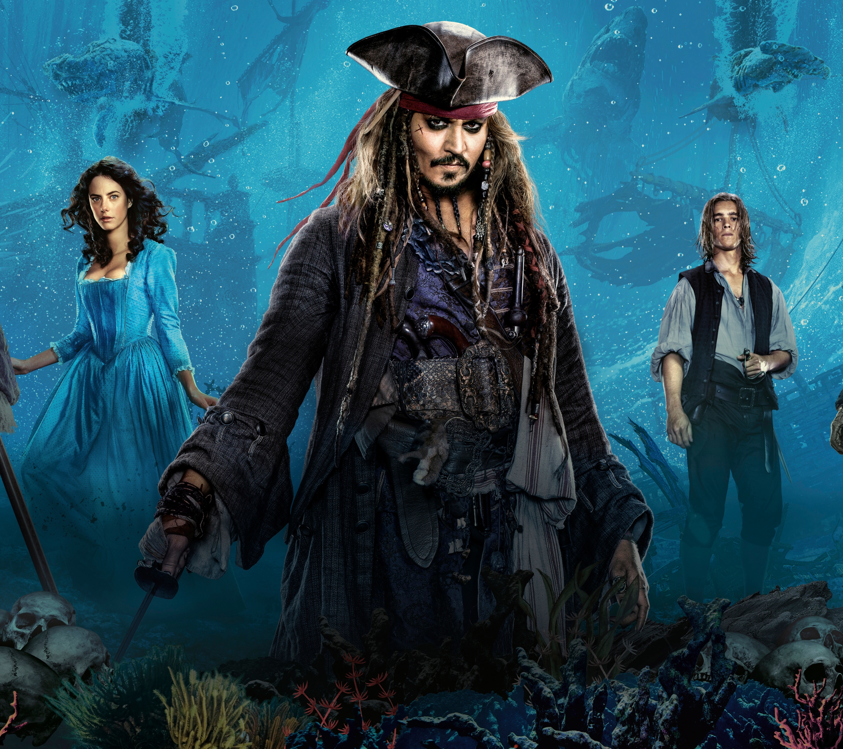 movie, pirates of the caribbean: dead men tell no tales, jack sparrow, johnny depp, brenton thwaites, carina smyth, henry turner, kaya scodelario